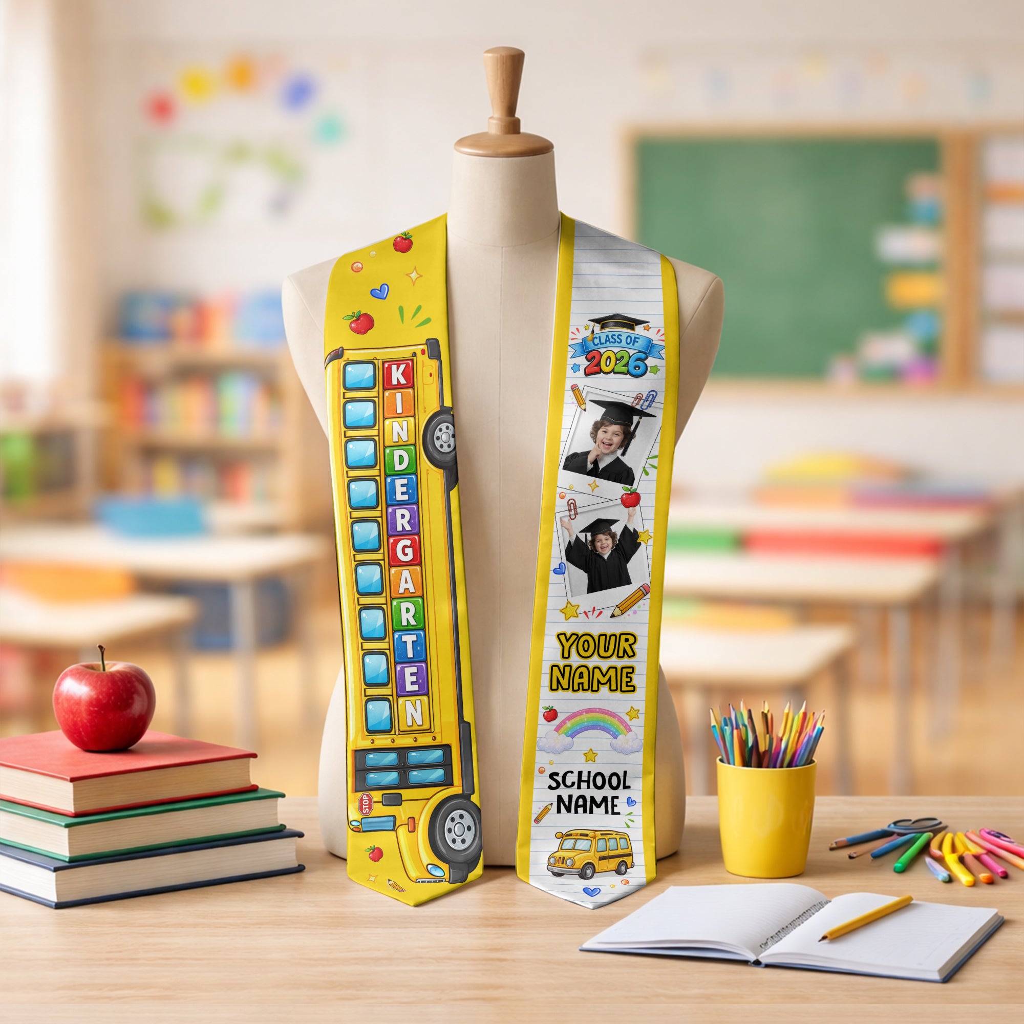 School Bus Kids Graduation Stole with Photo - Personalized Class of 2026 Sash