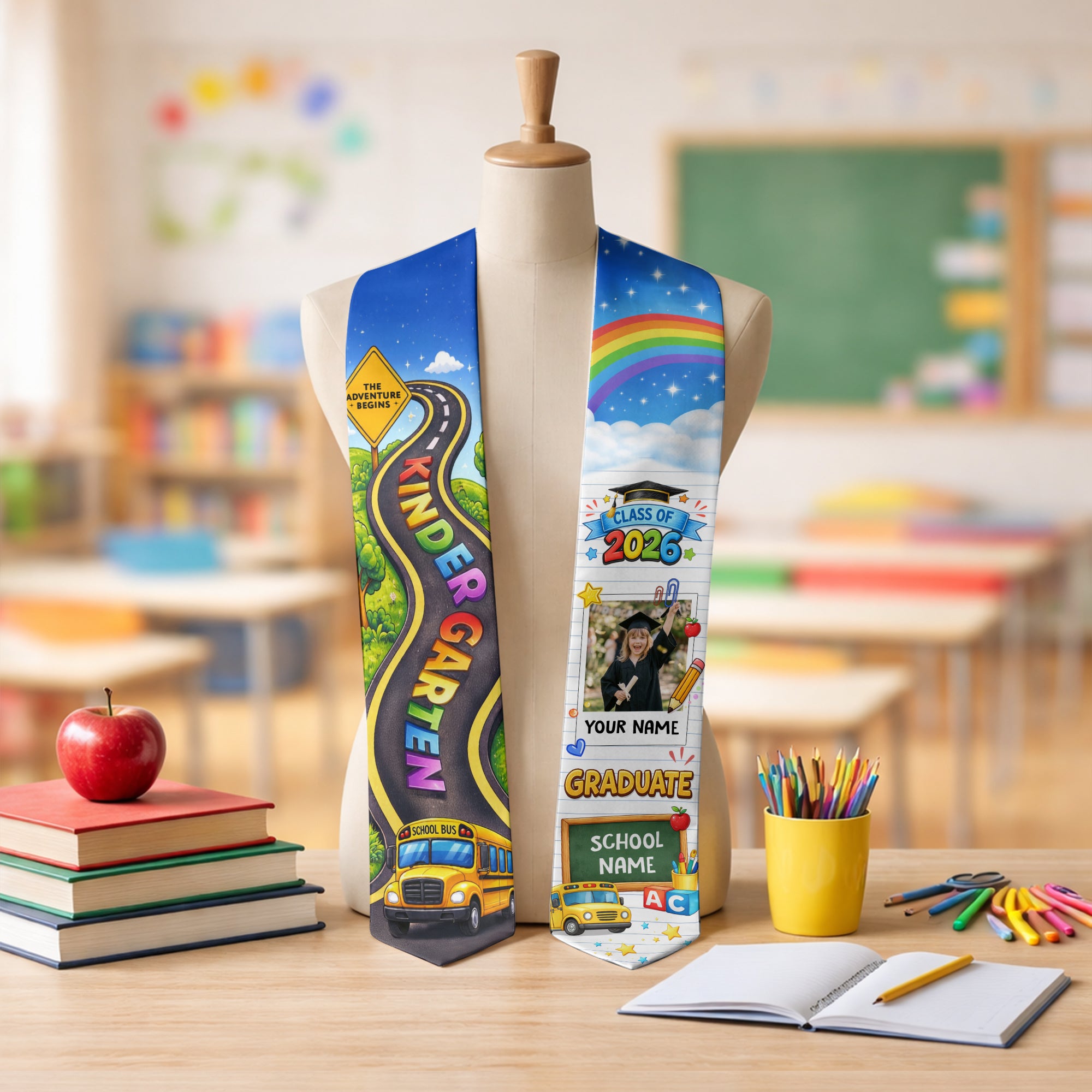 School Bus & Road Graduation Stole Kids - Personalized Photo Class of 2026