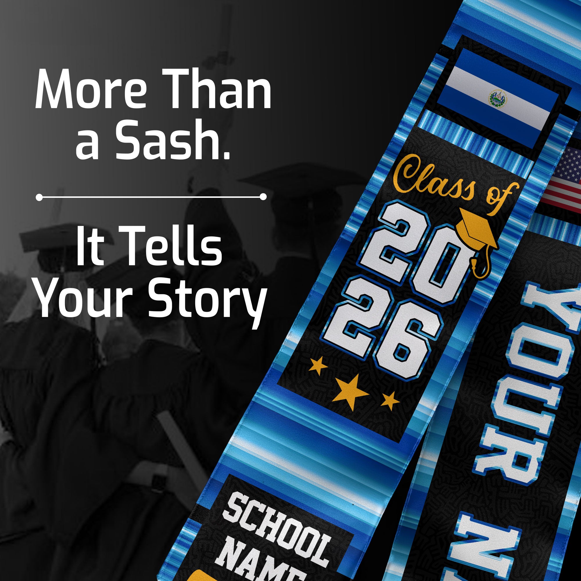El Salvador Graduation Stole 2026, El Salvador Flag Sash, Custom Accent Grad Stole 2026