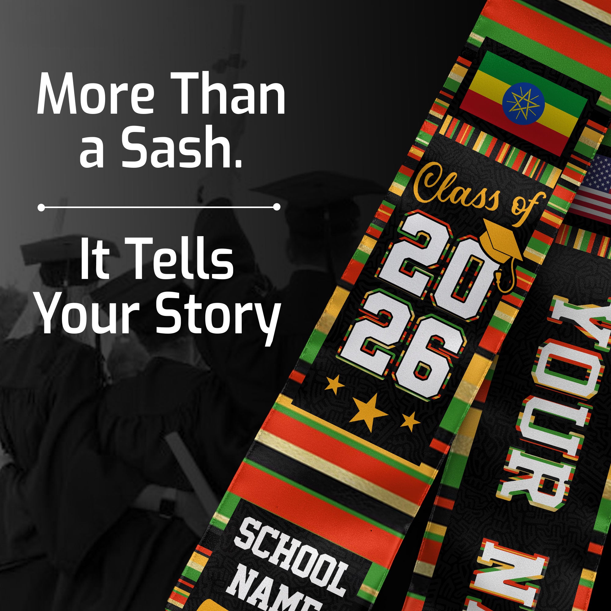 Ethiopia Graduation Stole 2026, Ethiopian Flag Sash, Graduation Stole with Custom Accent