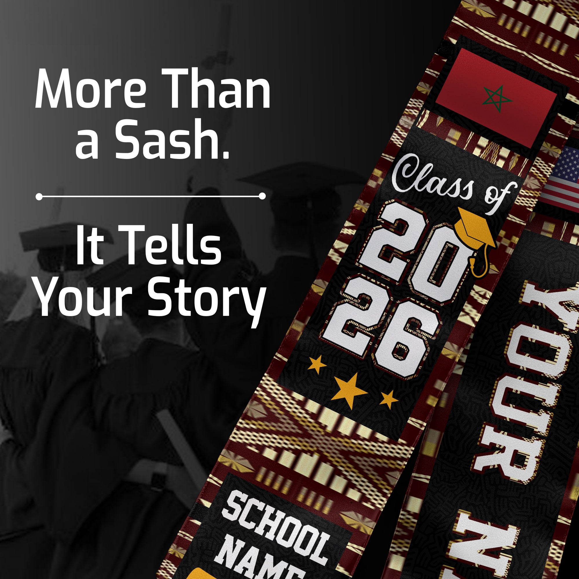 Morocco Graduation Stole 2026, Moroccan Flag Sash, Class of 2026 Custom Trim for Grads