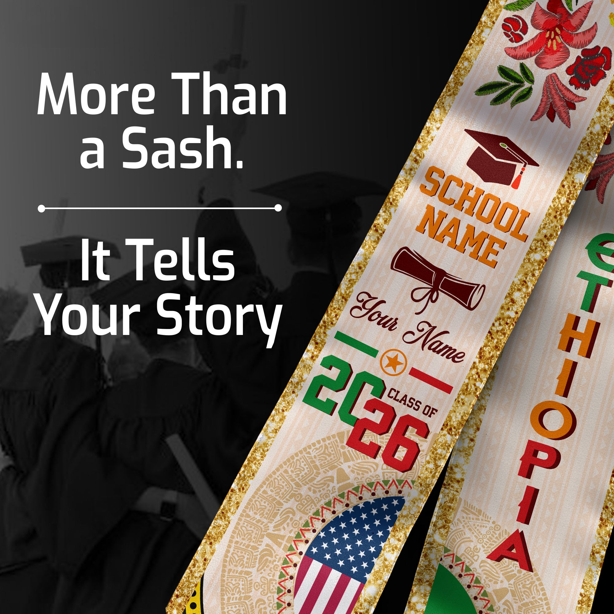 Ethiopian Flag Graduation Sash 2026, Ethiopia Graduation Stole, Customizable Detail Stole