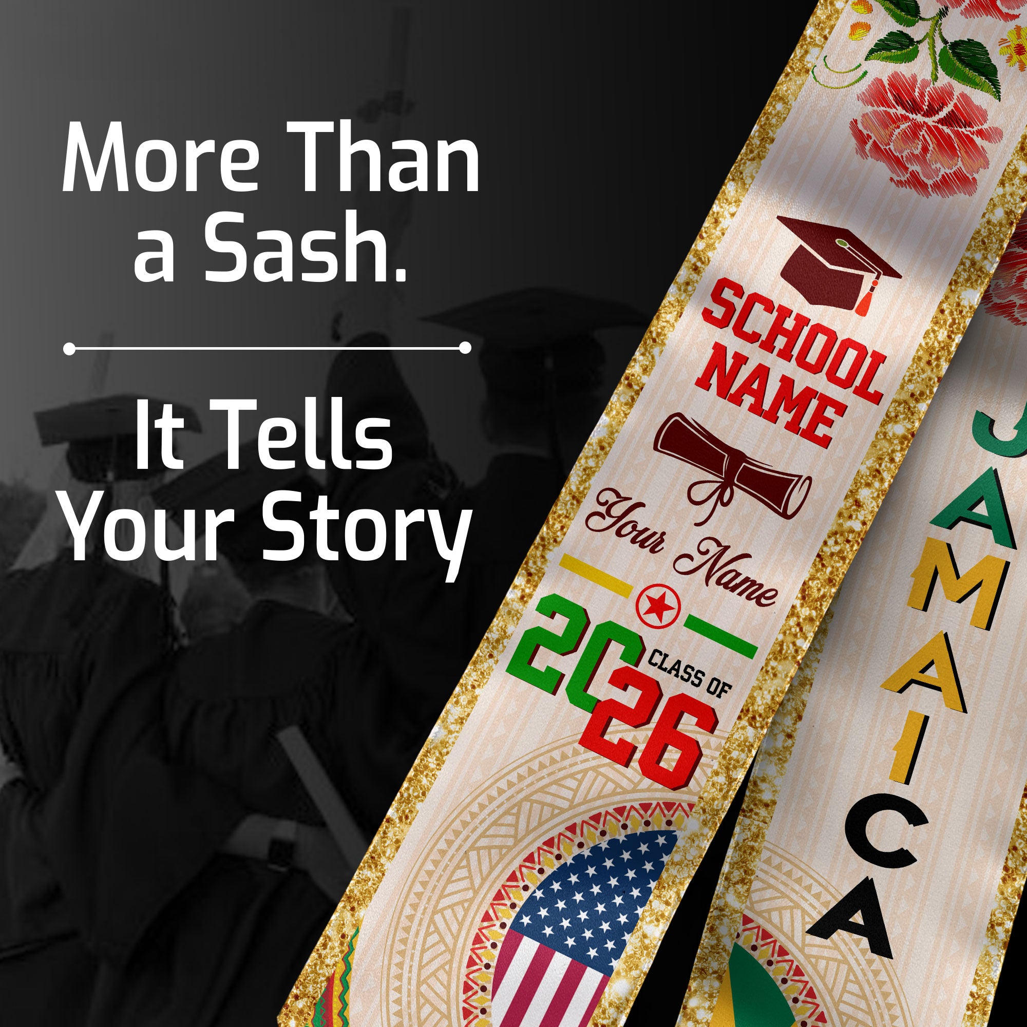 Jamaican Flag Graduation Sash 2026, Jamaica Stole, Custom Detail Option for Graduates