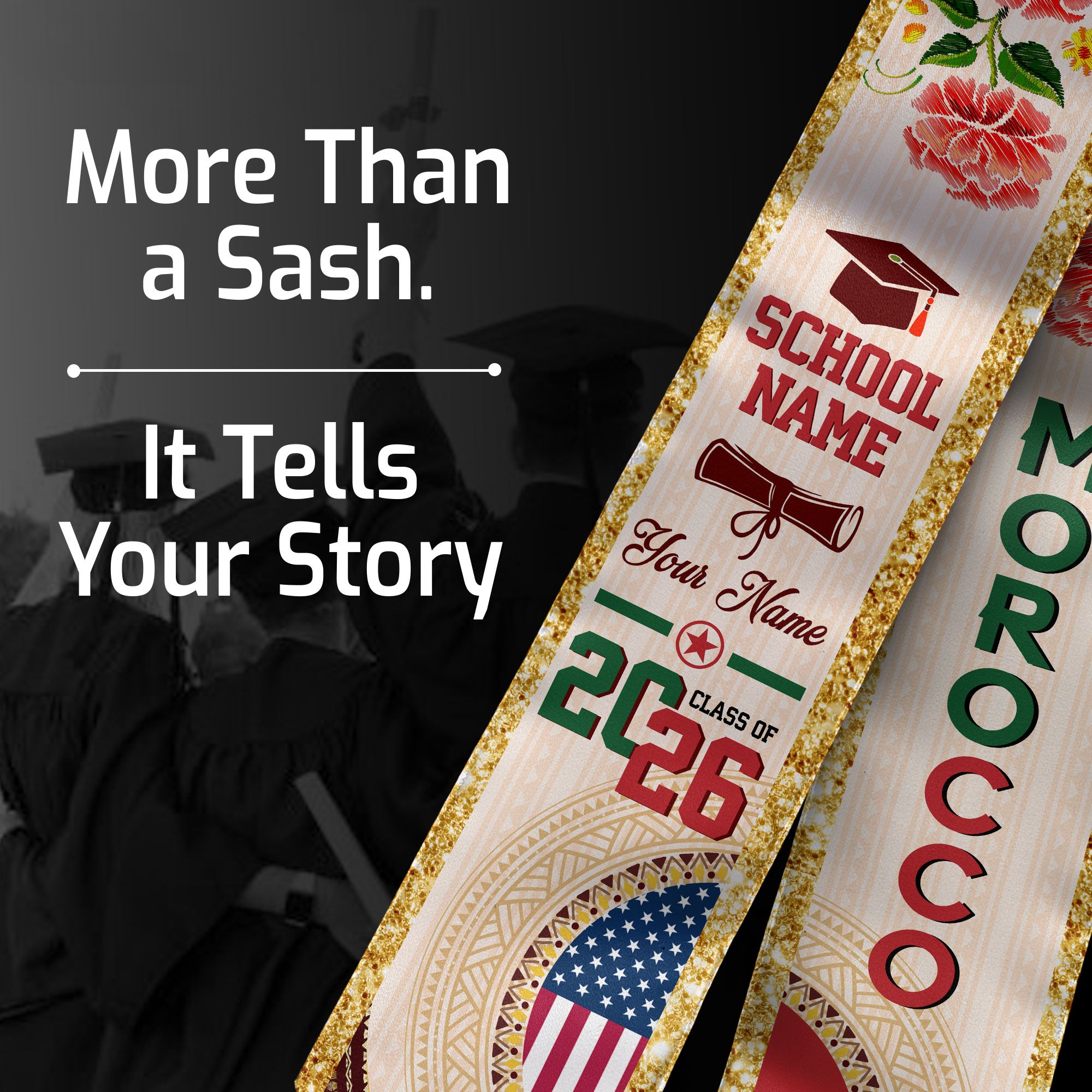 Moroccan Flag Graduation Sash 2026, Morocco Stole, Custom Detail Option for Graduates