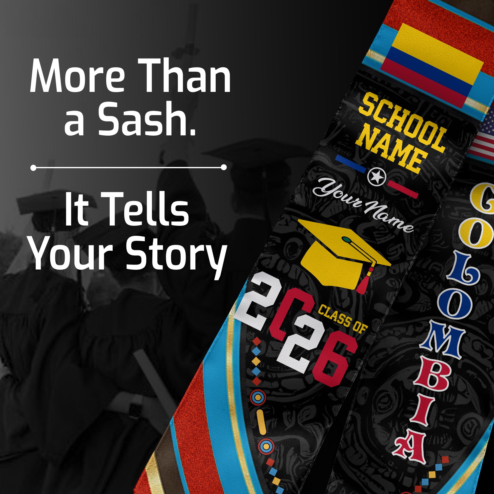Colombia Flag Graduation Stole 2026, Colombian Grad Sash, Custom Details for Class of 2026