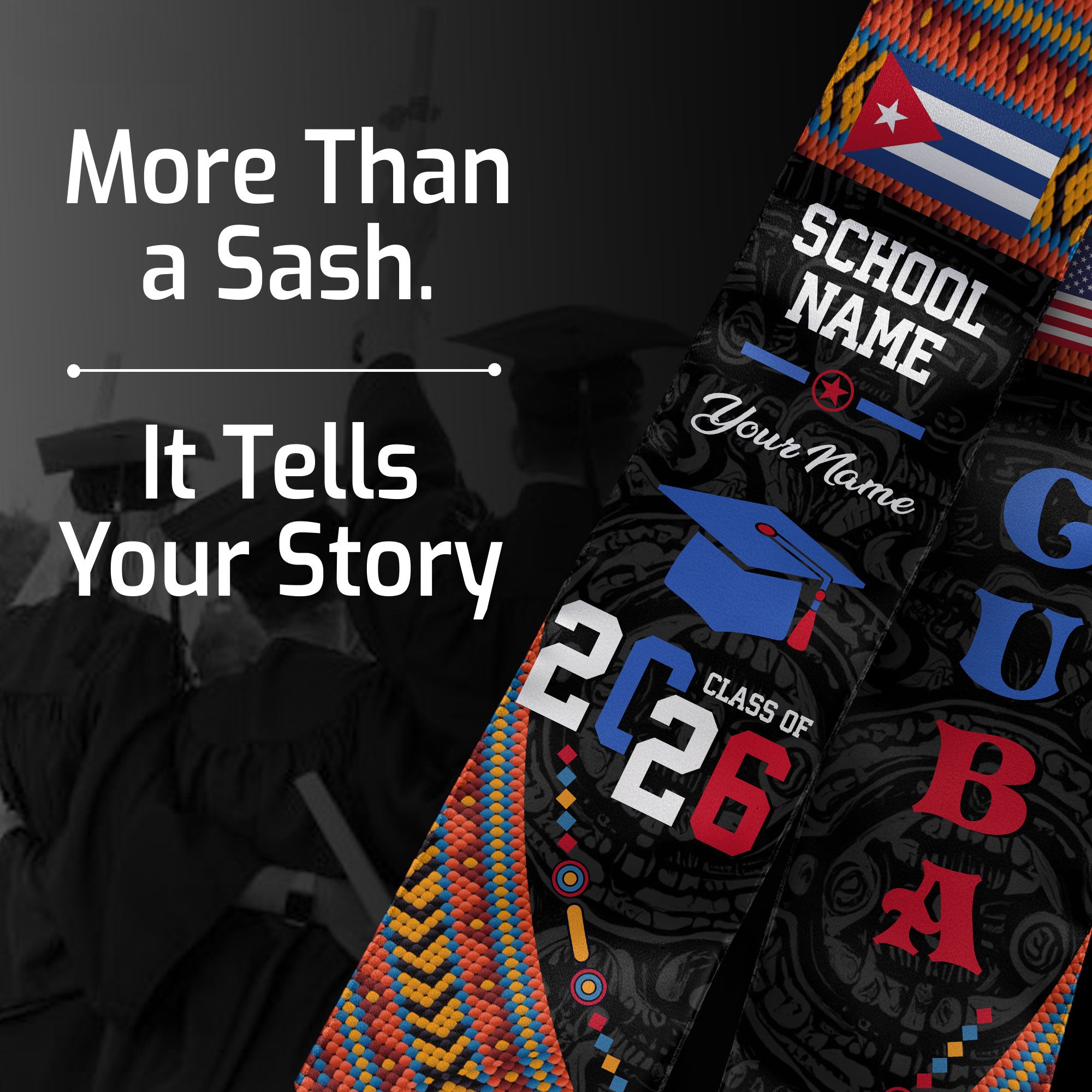 Cuba Flag Graduation Stole 2026, Cuban Grad Sash, Custom Details for Graduates 2026