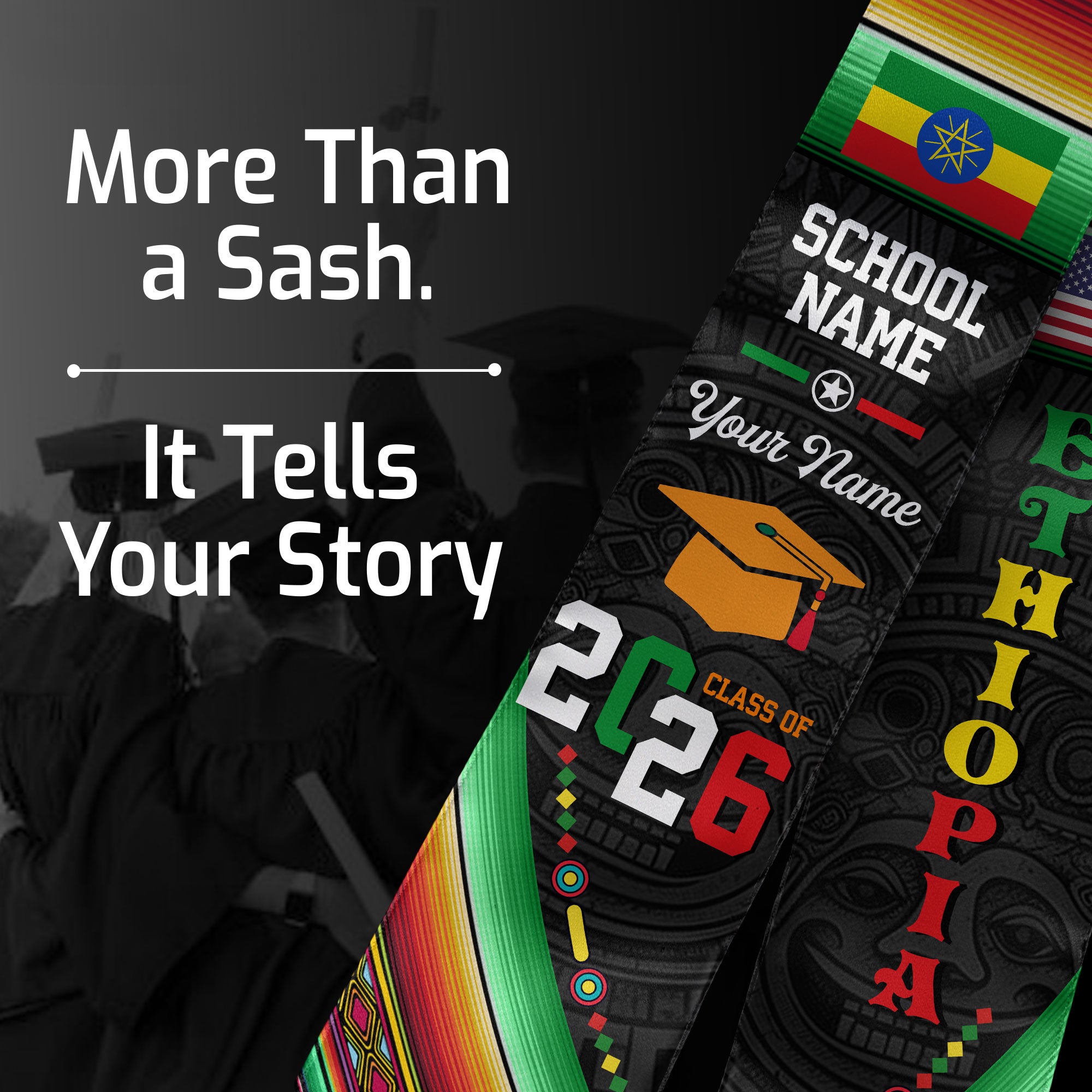 Ethiopia Flag Graduation Stole 2026, Ethiopian Grad Sash, Custom Details for Class of 2026