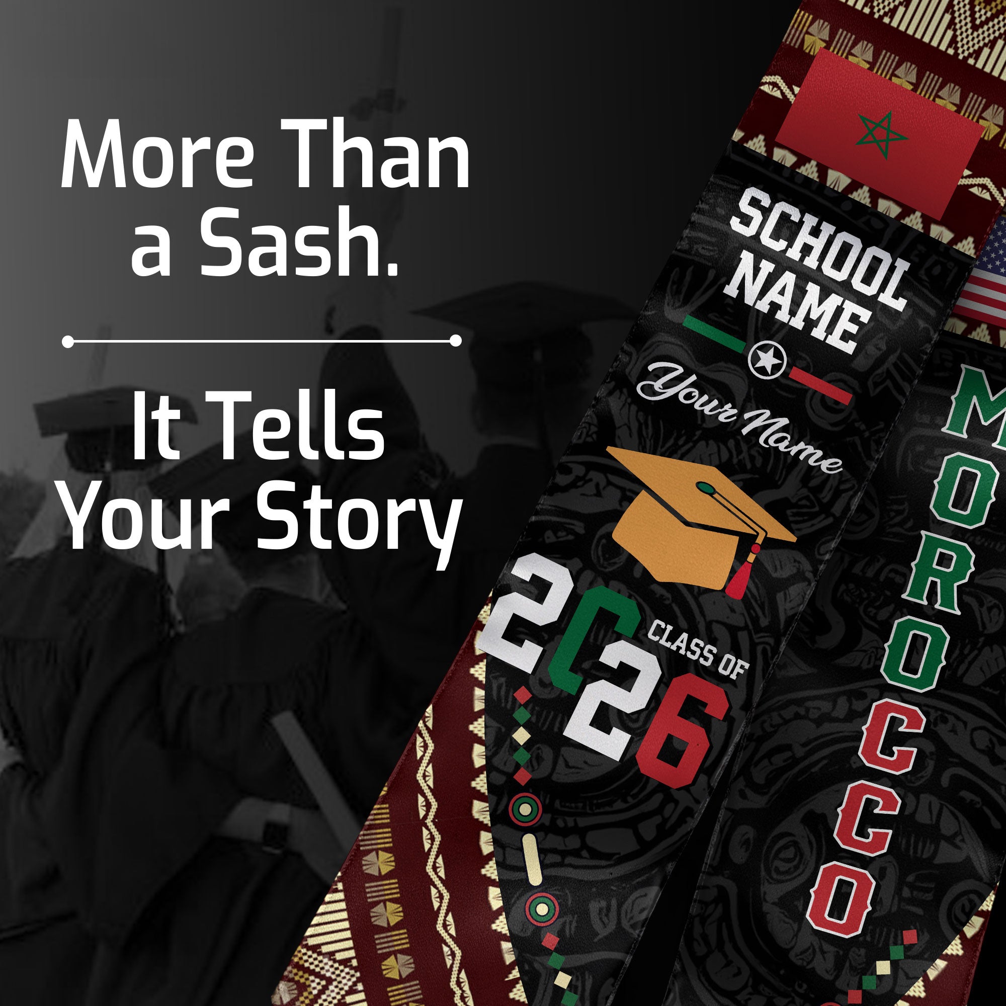 Morocco Flag Graduation Stole 2026, Moroccan Grad Sash, Custom-Ready Gift Stole 2026