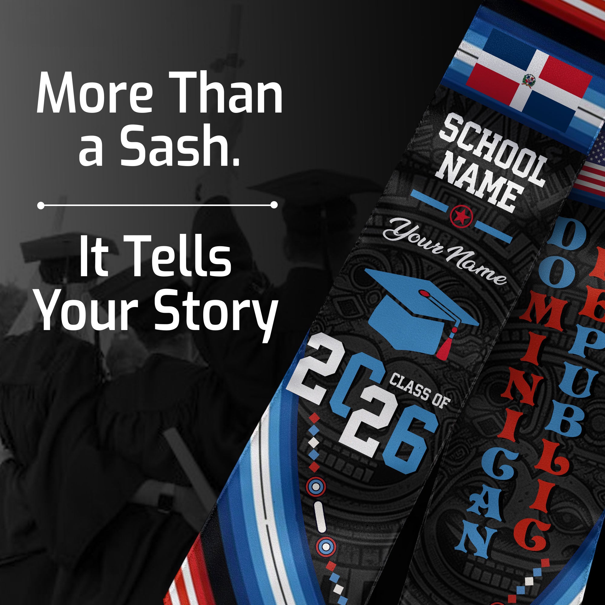 Dominican Republic Flag Graduation Stole 2026, Dominican Republic Grad Sash, Custom Details for Class of 2026