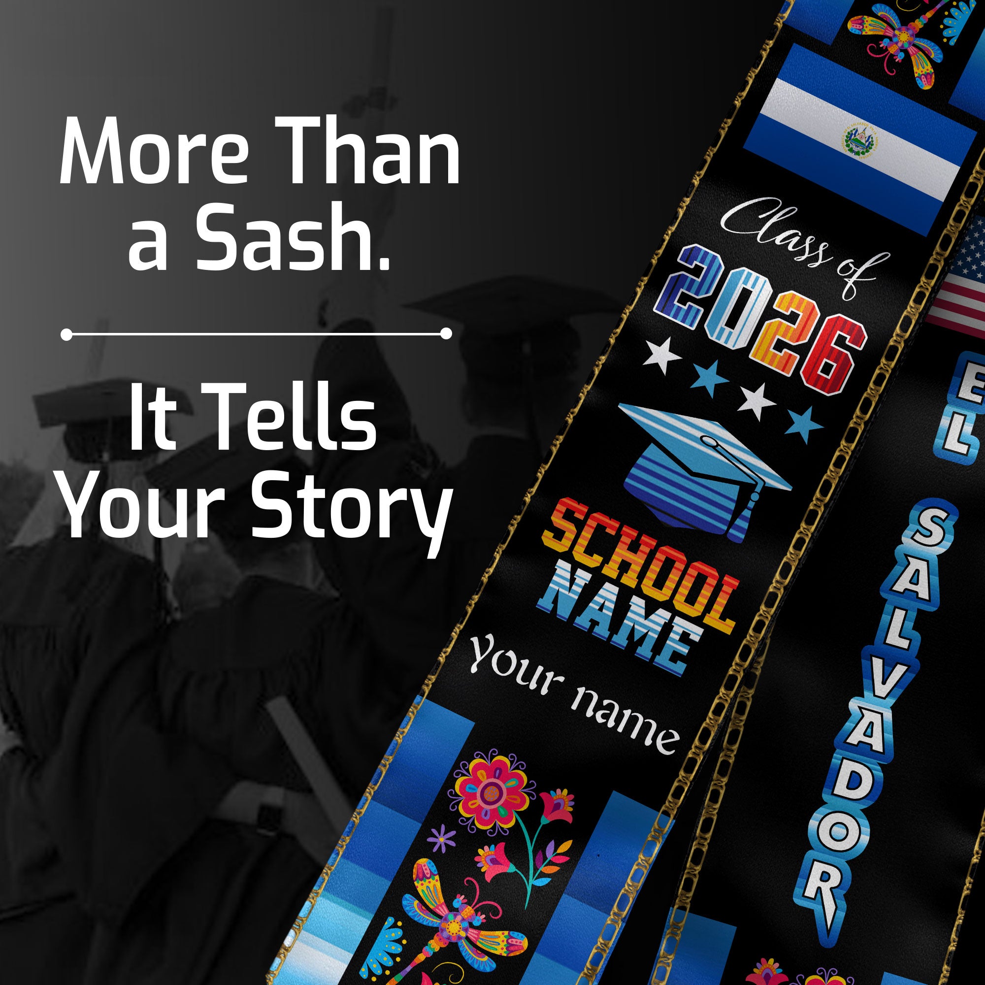 El Salvador Graduation Sash 2026, Salvadoran Flag Stole, Customizable Detail Grad Stole