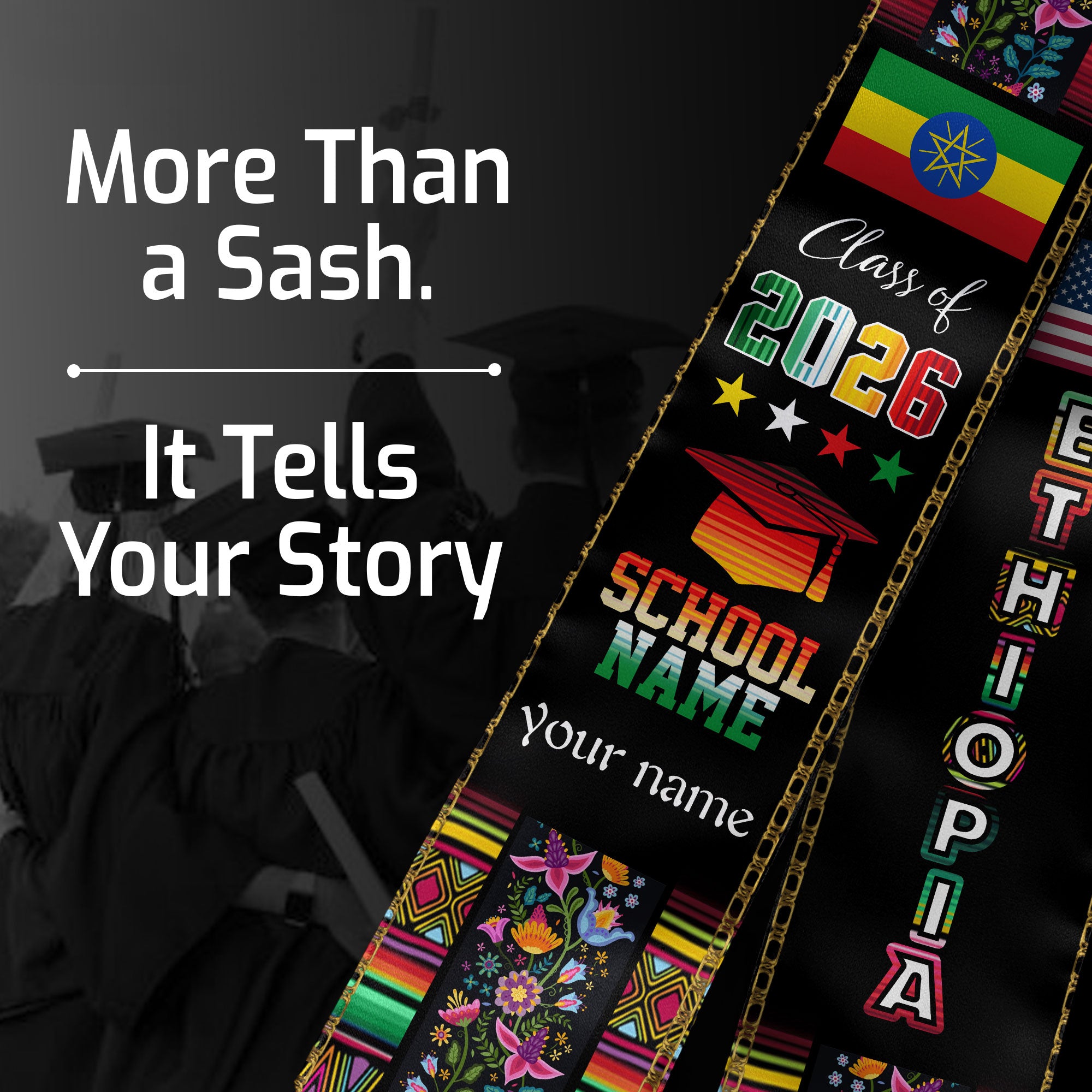 Ethiopia Graduation Sash 2026, Ethiopian Flag Graduation Stole, Personalized Finish for Grads