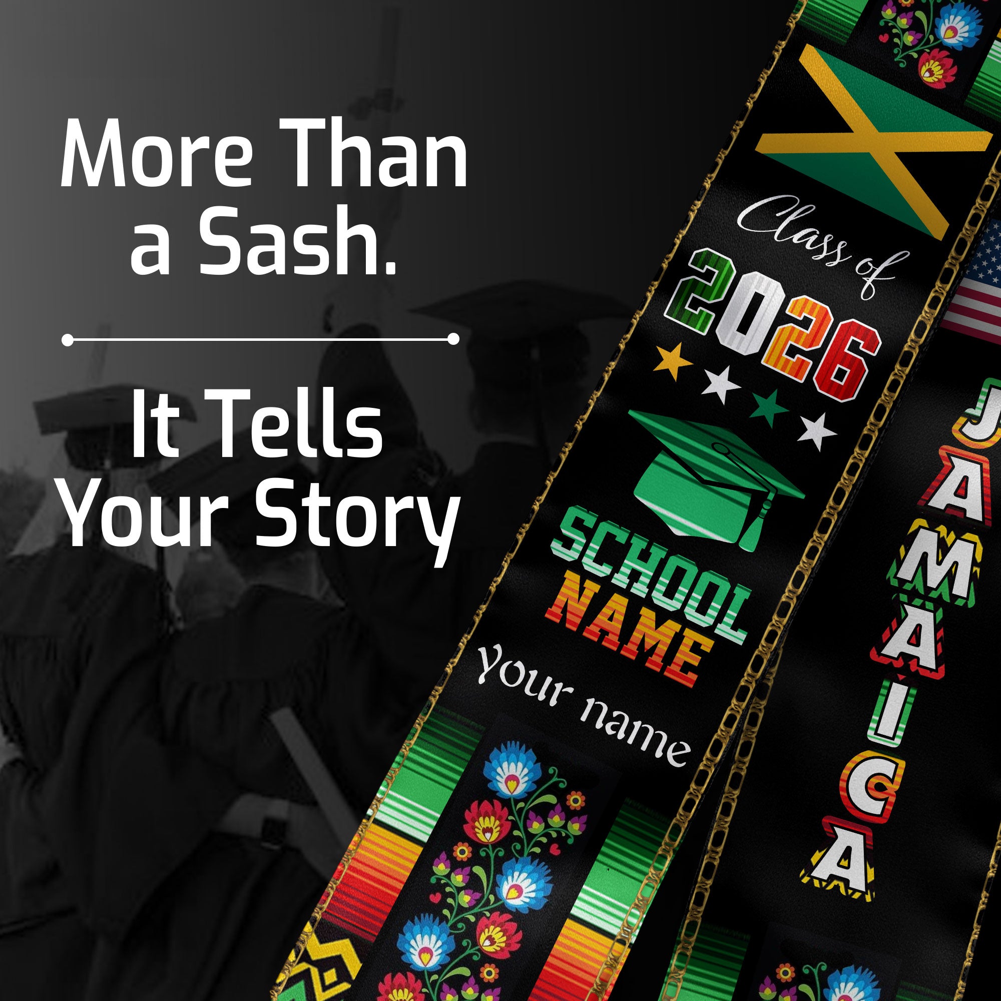 Jamaican Graduation Sash 2026, Jamaica Flag Stole, Graduation Sash with Custom Finish