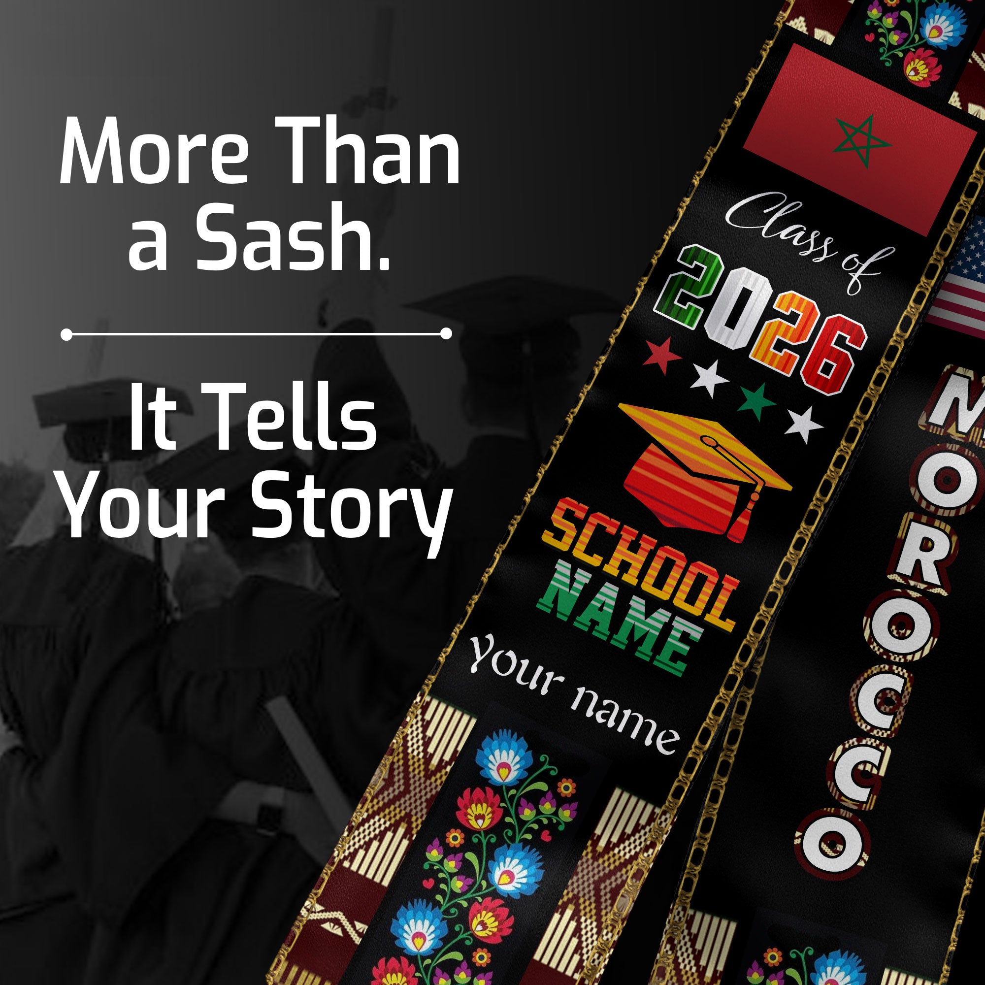 Moroccan Graduation Sash 2026, Morocco Flag Stole, Graduation Sash with Custom Finish