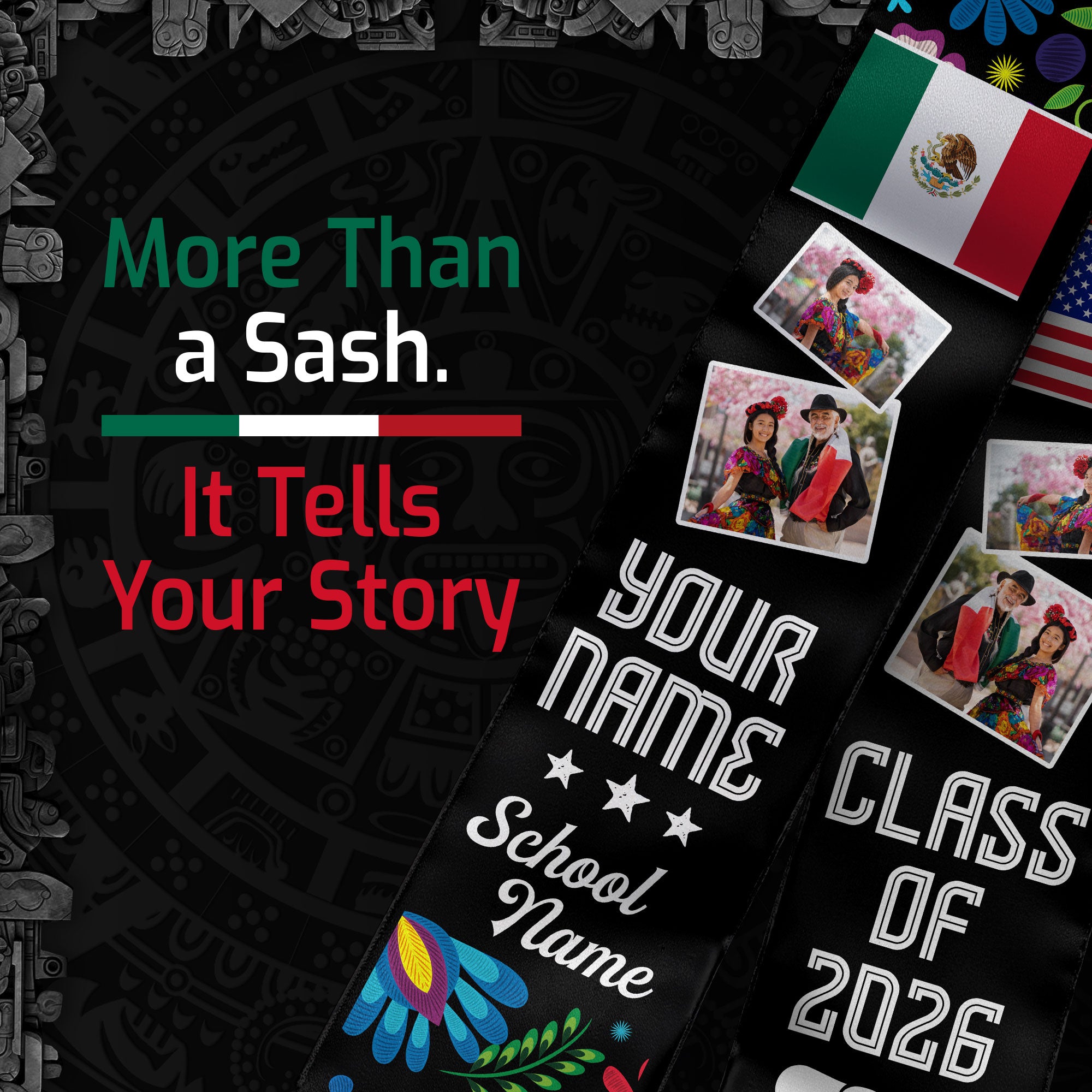 2026 Mexico Flag Graduation Sash, Mexican Stole for Grads, Custom Detail Option