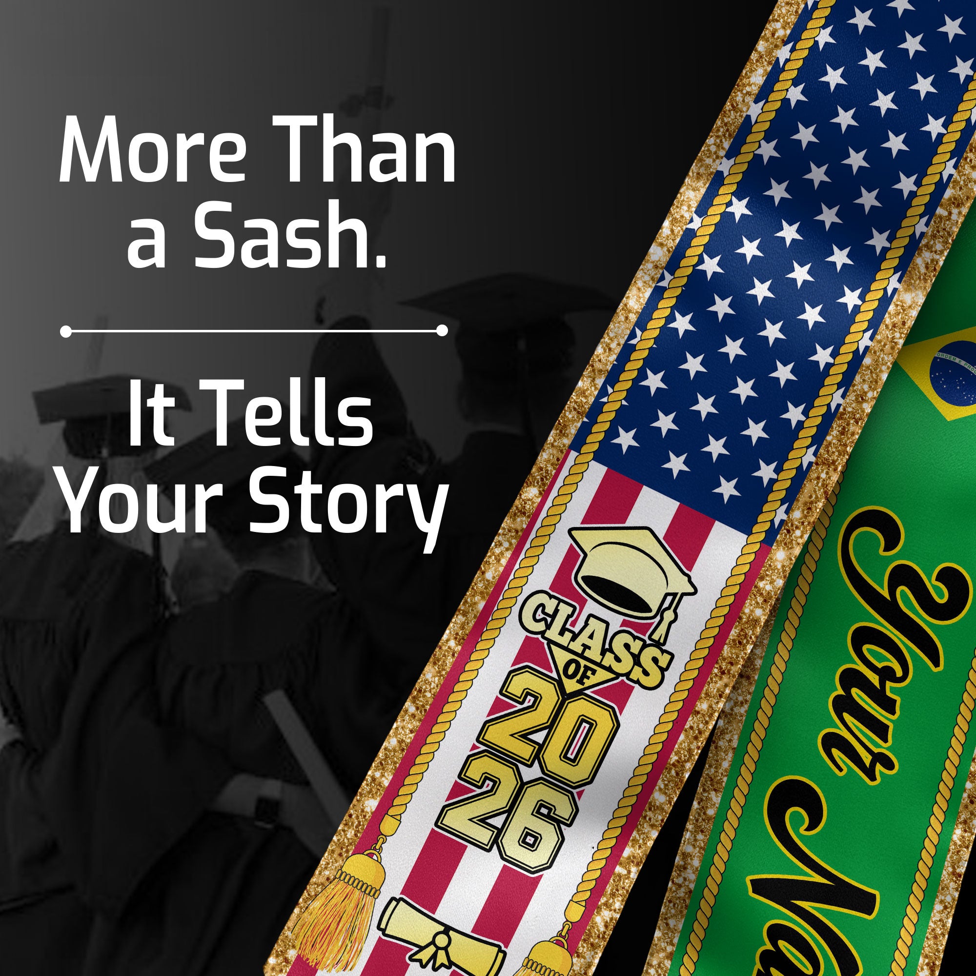 Customized Brazil Graduation Stole with Brazilian Flag Emblem, Graduation Sash for Class of 2026