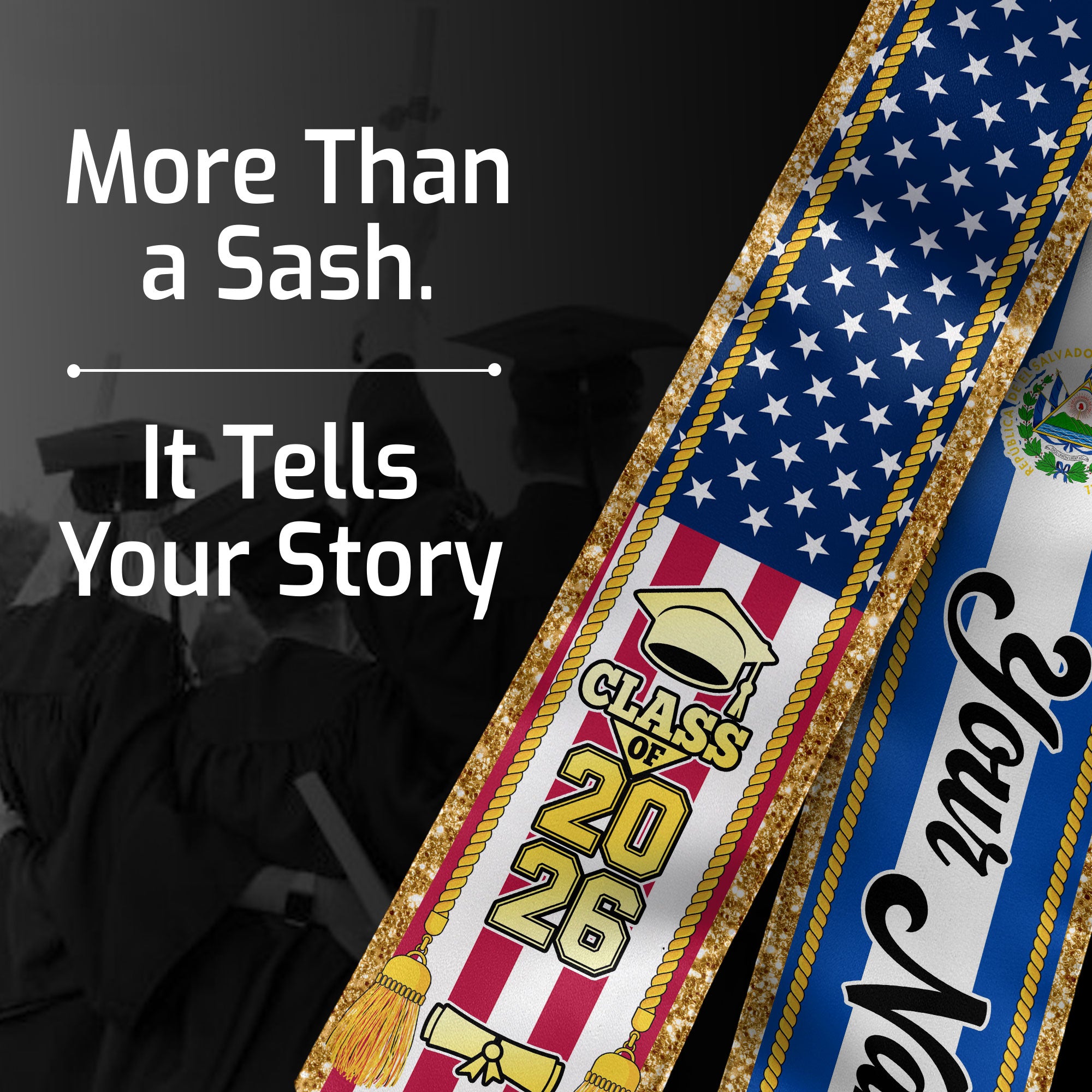 Customized El Salvador Graduation Stole with Salvadoran Flag Emblem, Graduation Sash for Class of 2026