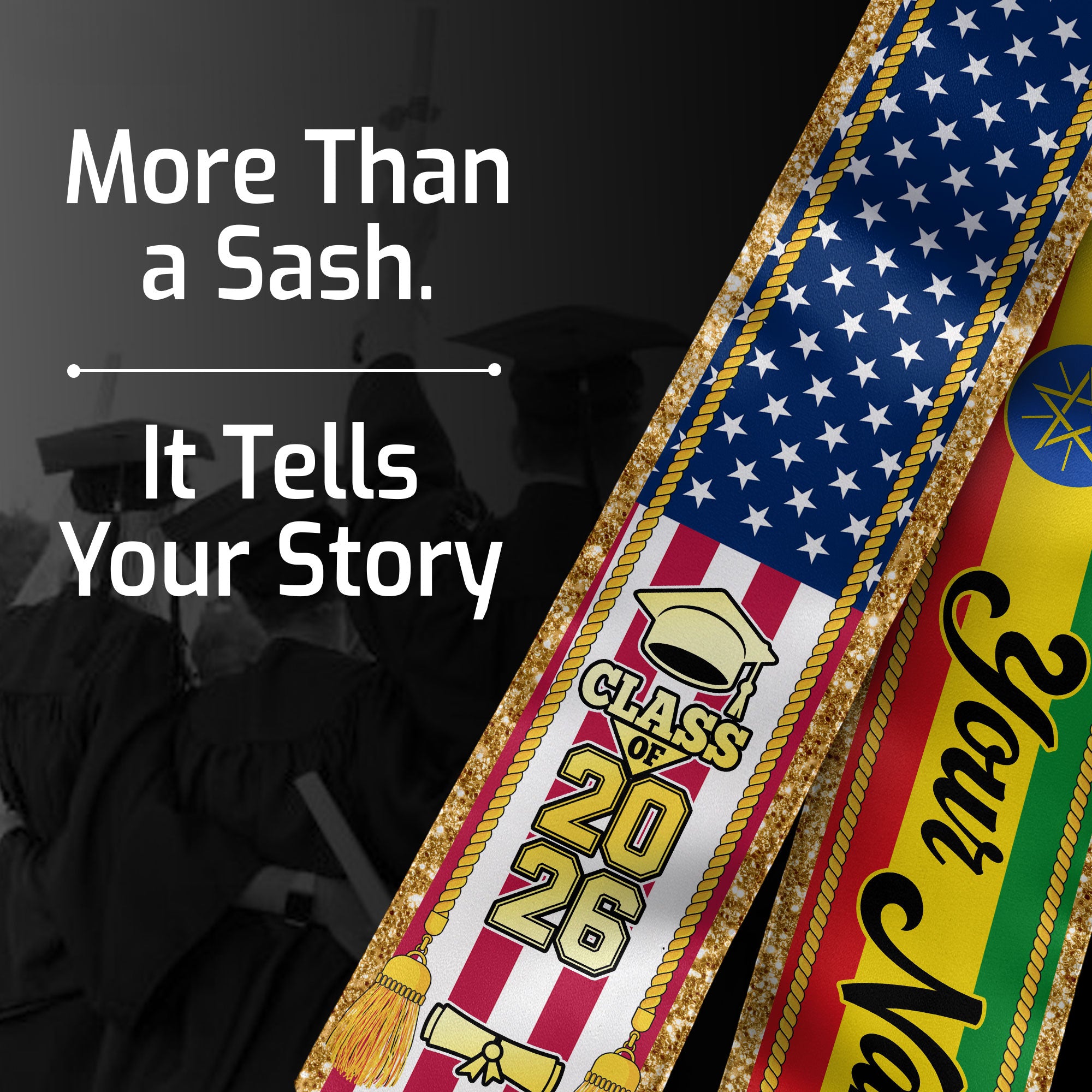 Customized Ethiopia Graduation Stole with Ethiopian Flag Emblem, Graduation Sash for Class of 2026