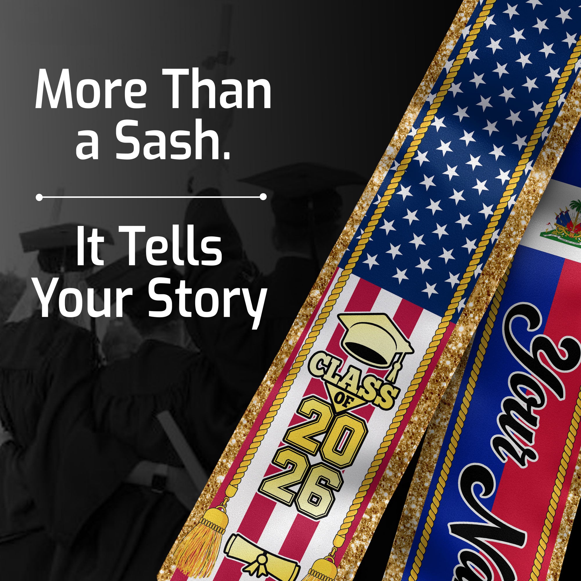 Customized Haiti Graduation Stole with Haitian Flag Emblem, Graduation Sash for Class of 2026