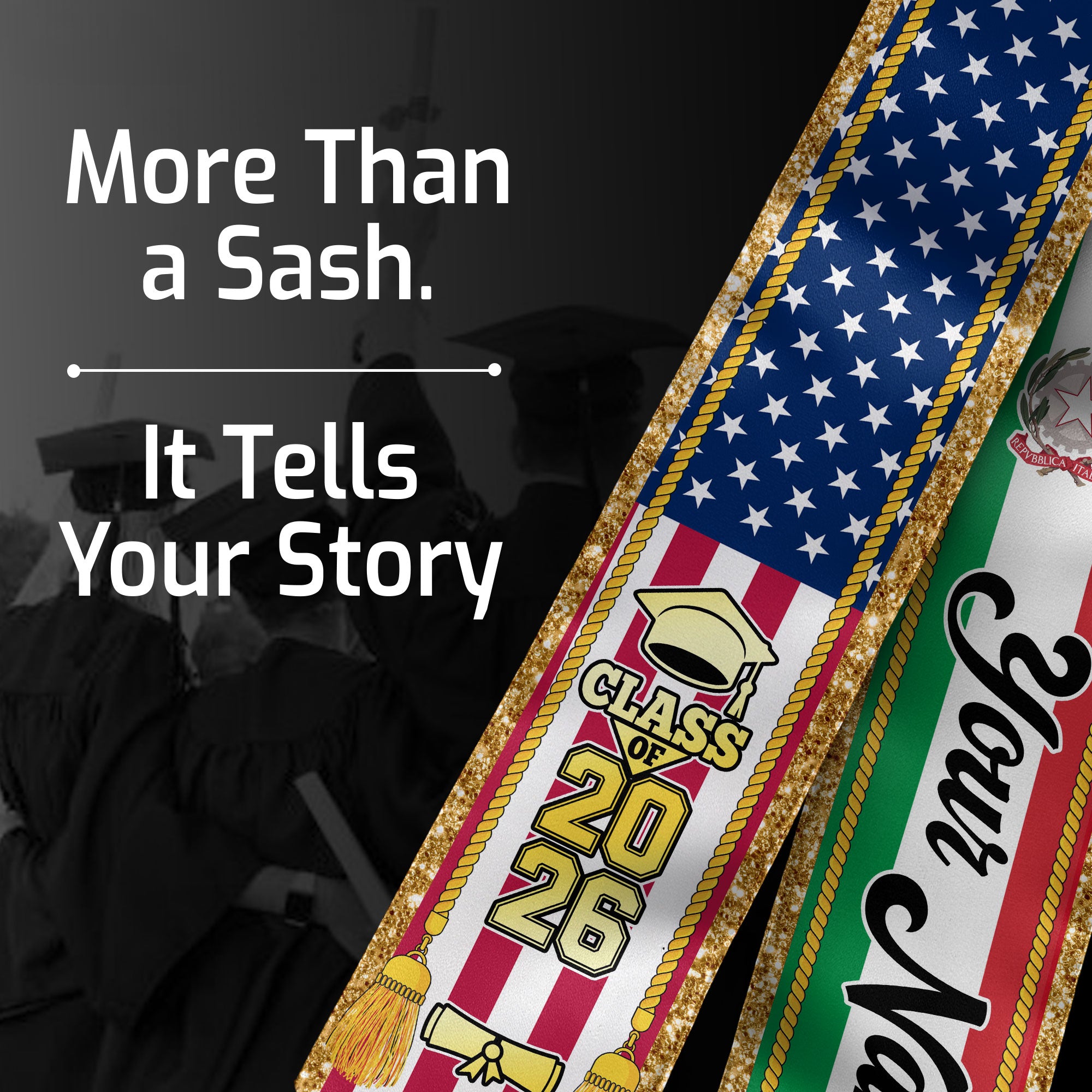 Customized Italy Graduation Stole with Italian Flag Emblem, Graduation Sash for Class of 2026