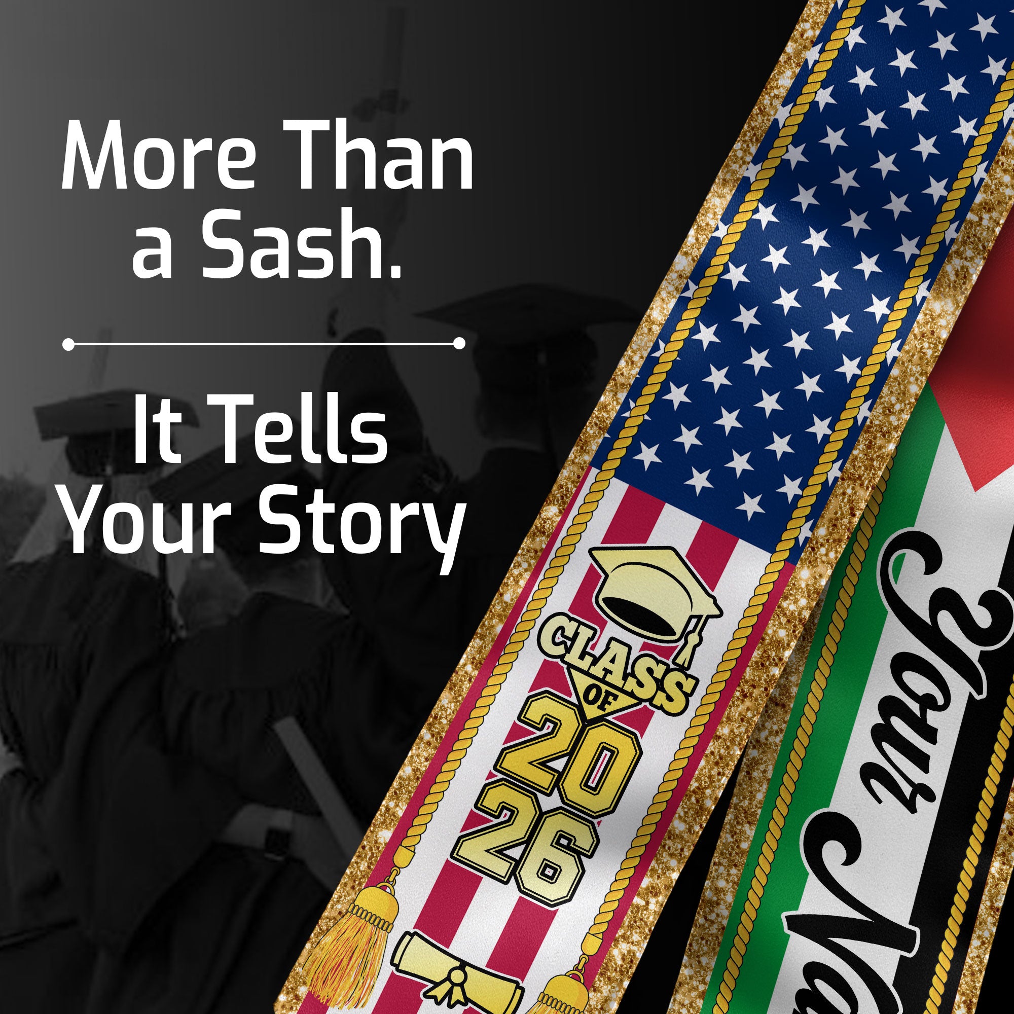 Customized Palestine Graduation Stole with Palestinian Flag Emblem, Graduation Sash for Class of 2026