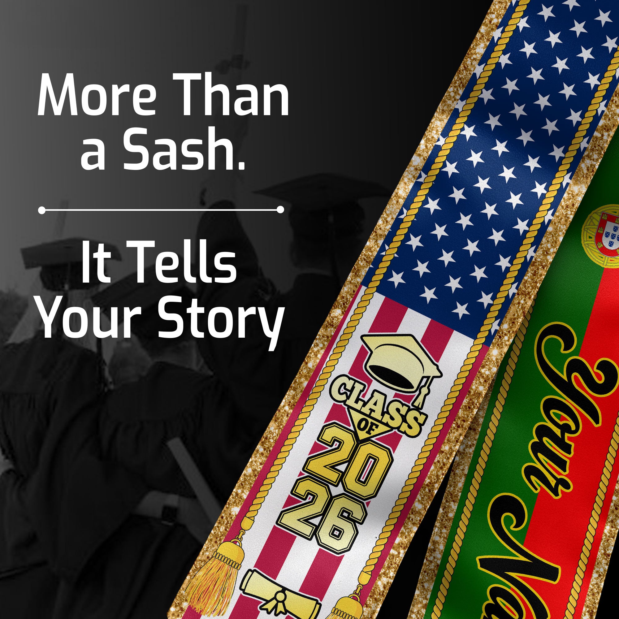 Customized Portugal Graduation Stole with Portuguese Flag Emblem, Graduation Sash for Class of 2026