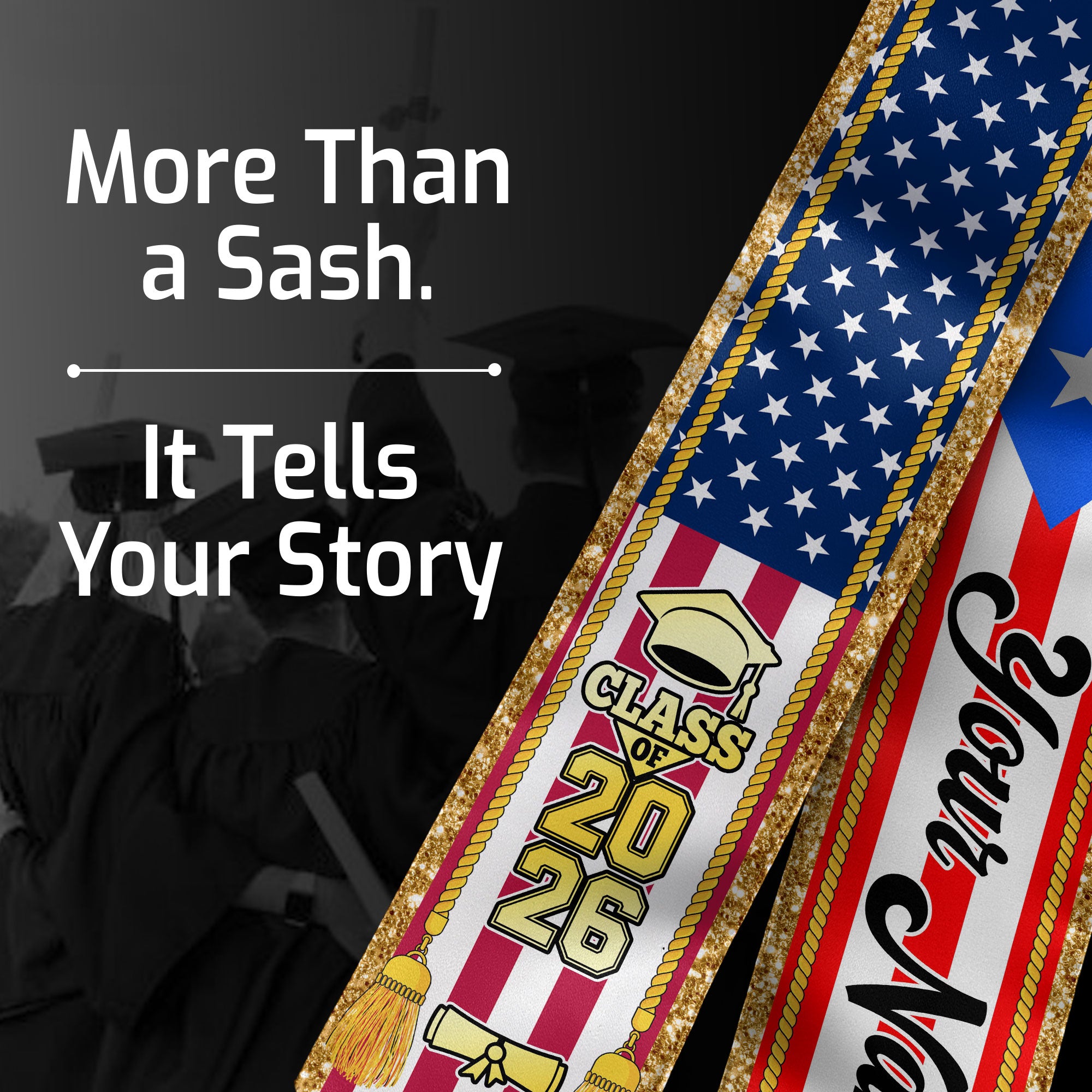 Customized Puerto Rico Graduation Stole with Puerto Rican Flag Emblem, Graduation Sash for Class of 2026