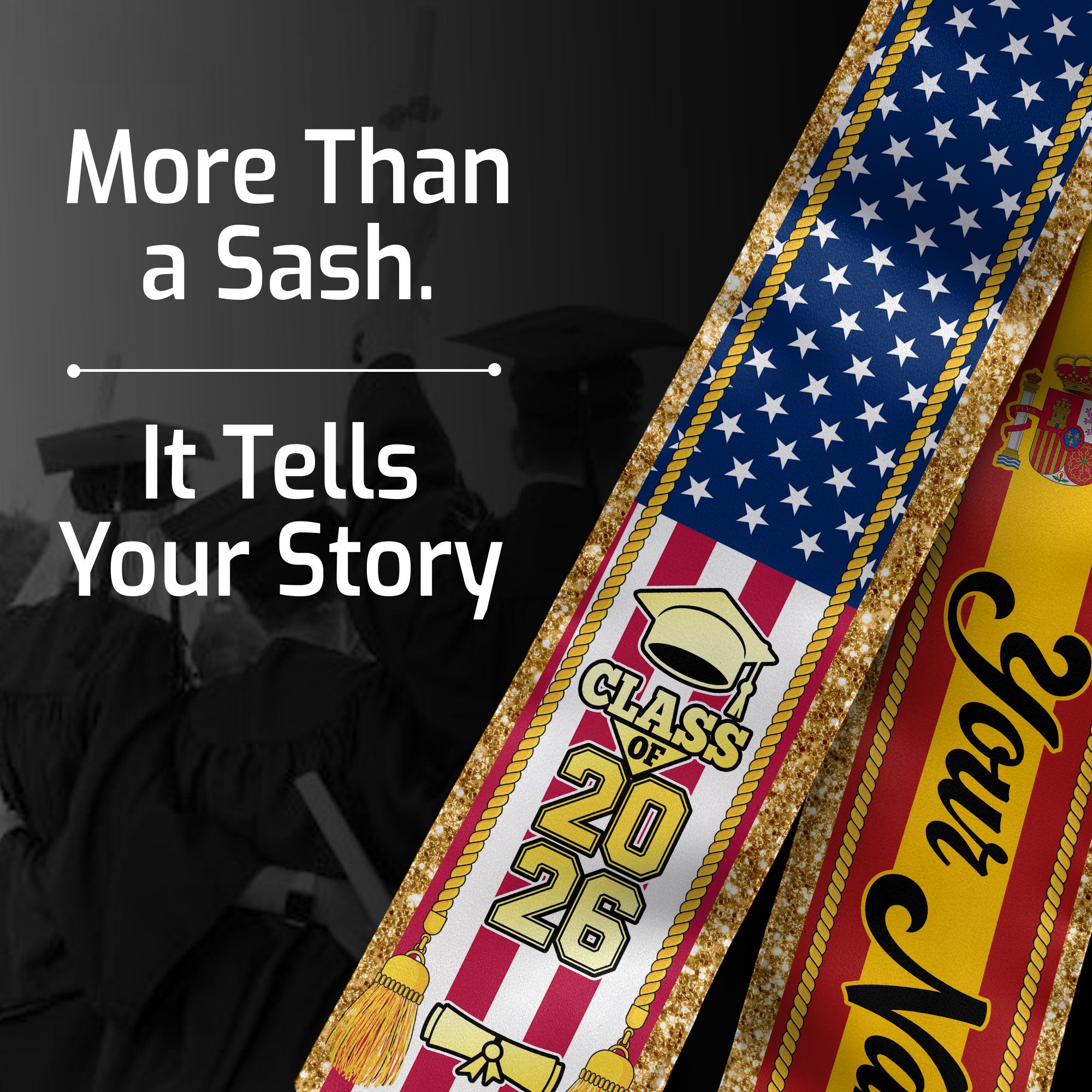 Customized Spain Graduation Stole with Spanish Flag Emblem, Graduation Sash for Class of 2026