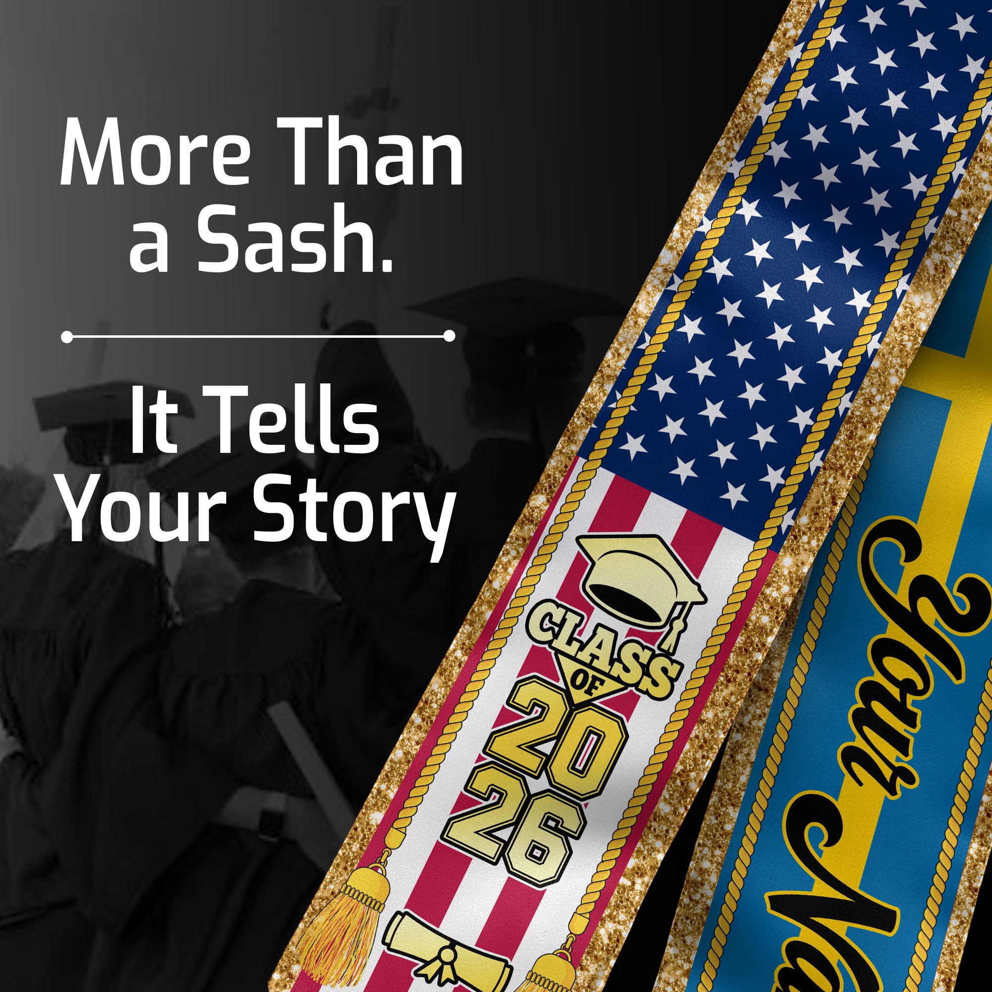 Customized Sweden Graduation Stole with Swedish Flag Emblem, Graduation Sash for Class of 2026