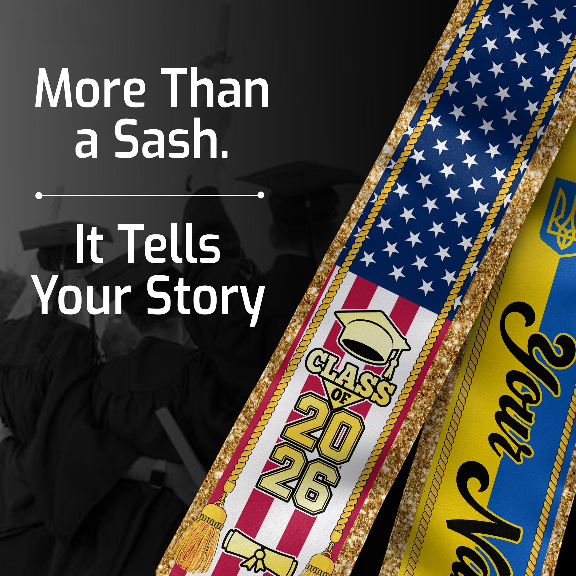 Customized Ukraine Graduation Stole with Ukrainian Flag Emblem, Graduation Sash for Class of 2026