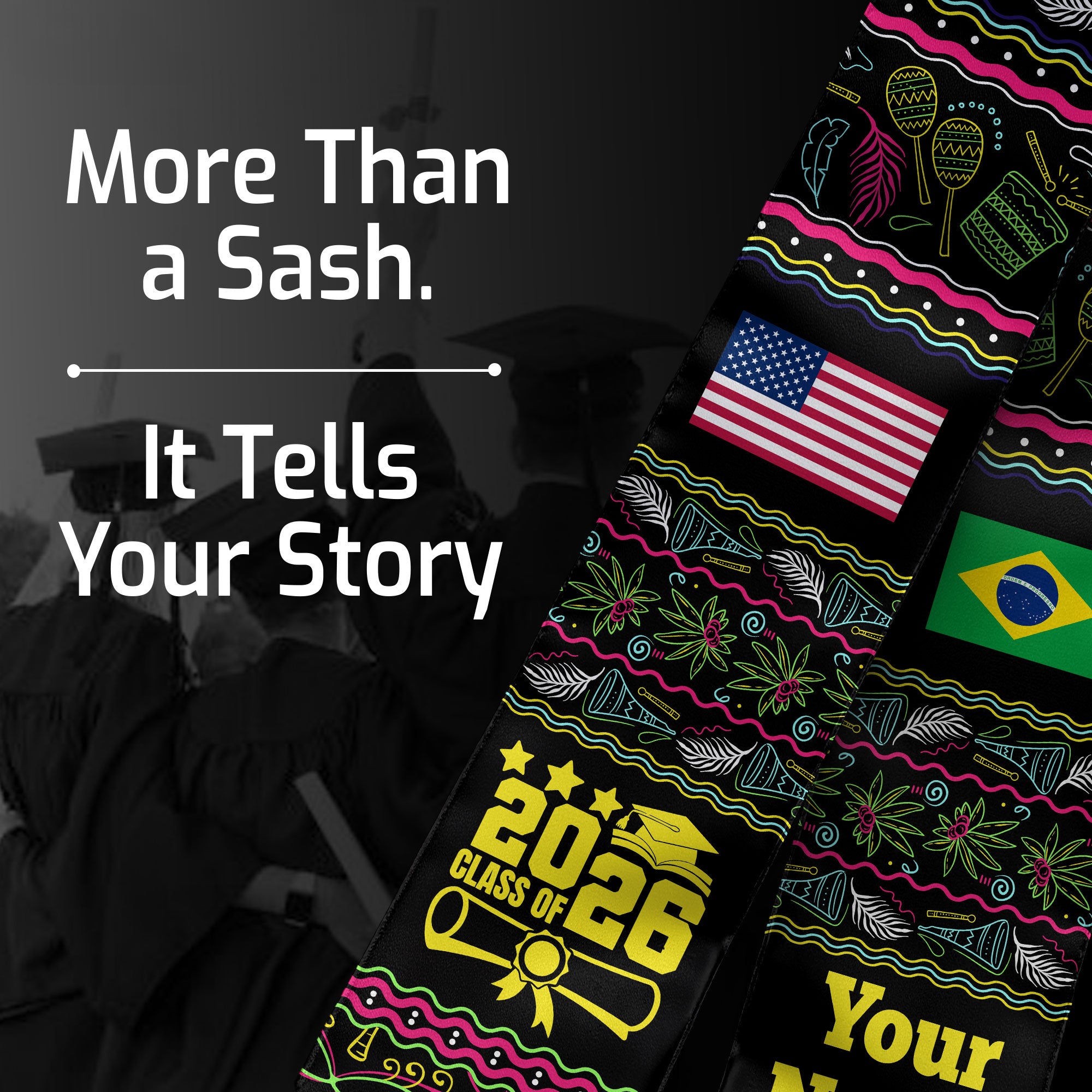Customized Brazil Graduation Stole Featuring National Flag Motif, Graduation Sash for Class of 2026