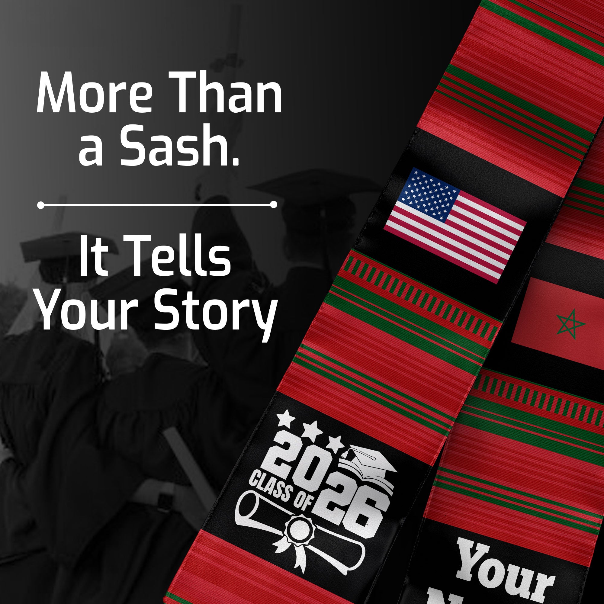 Customized Morocco Graduation Stole Featuring National Flag Motif, Graduation Sash for Class of 2026