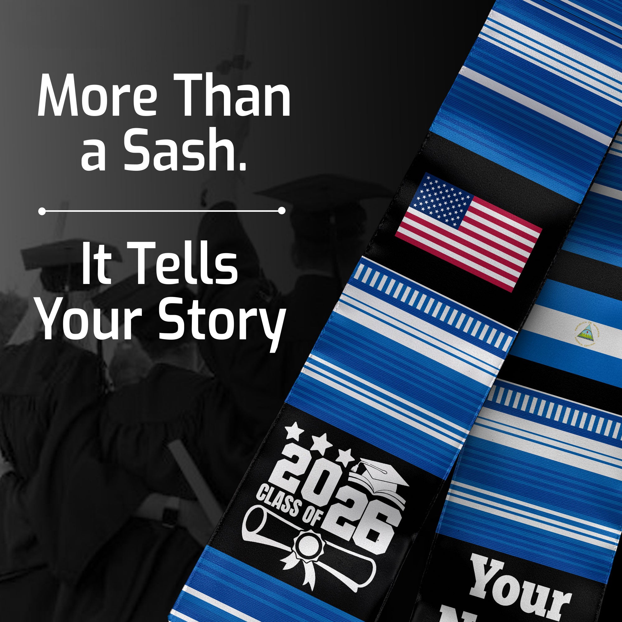 Customized Nicaragua Graduation Stole Featuring National Flag Motif, Graduation Sash for Class of 2026