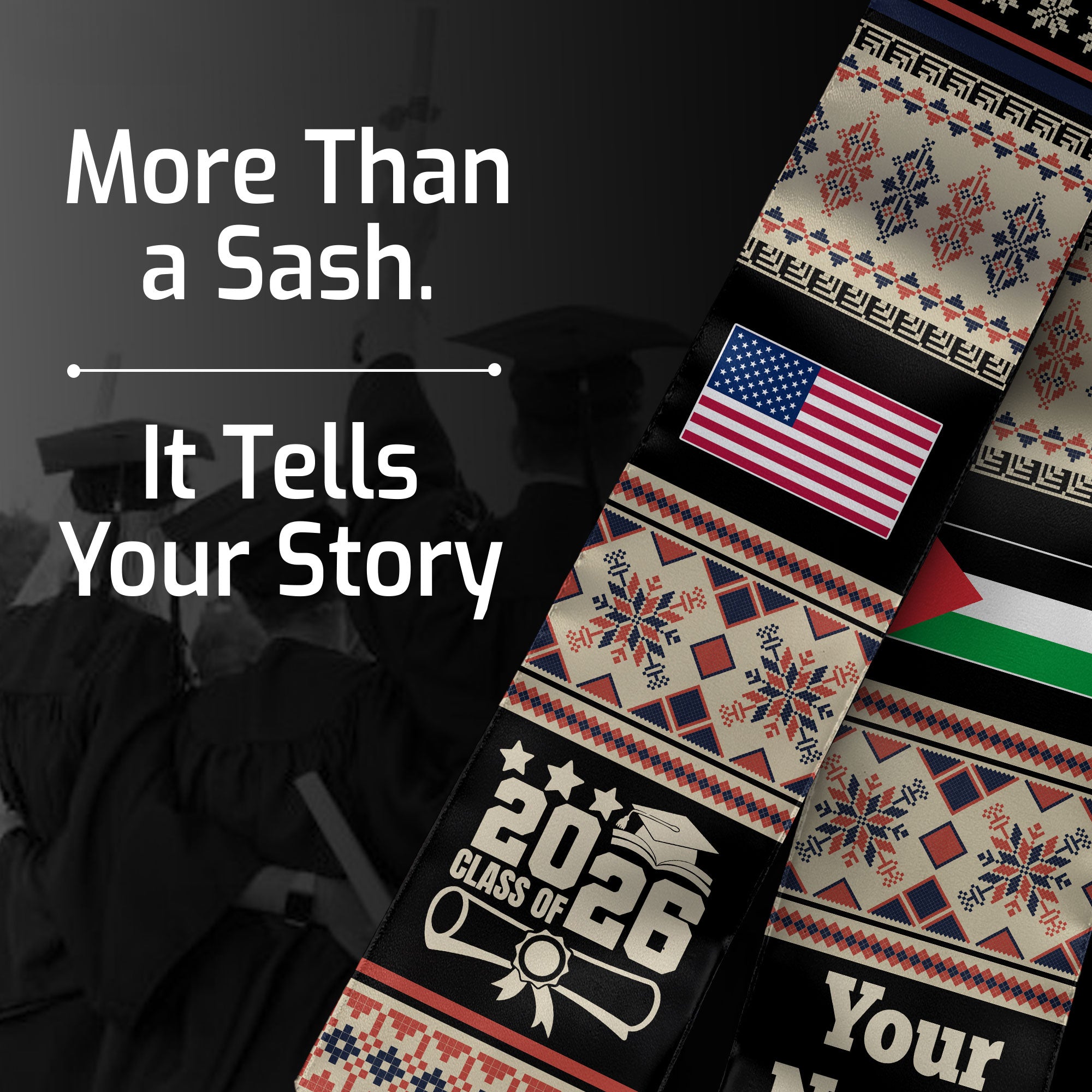 Customized Palestine Graduation Stole Featuring National Flag Motif, Graduation Sash for Class of 2026