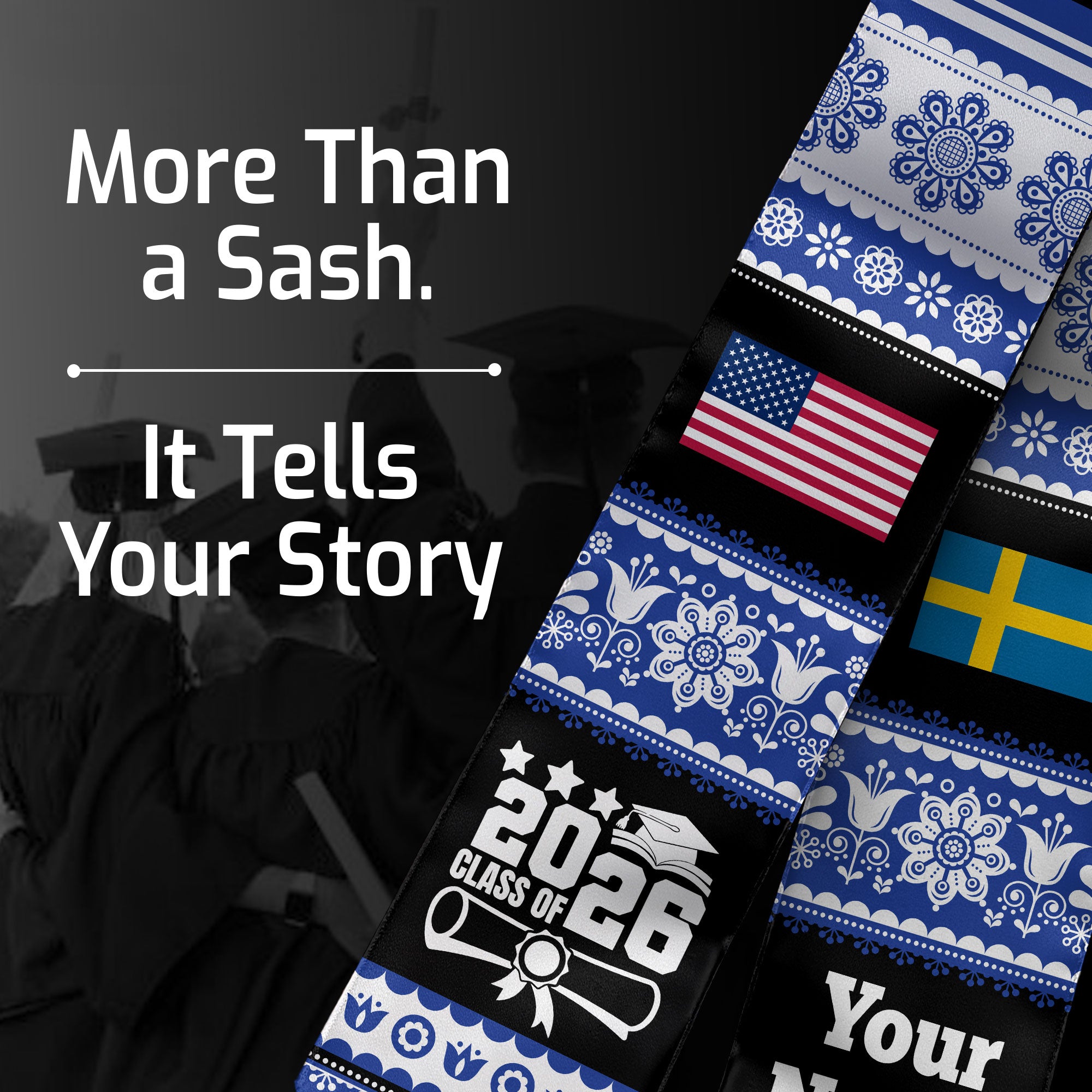 Customized Sweden Graduation Stole Featuring National Flag Motif, Graduation Sash for Class of 2026