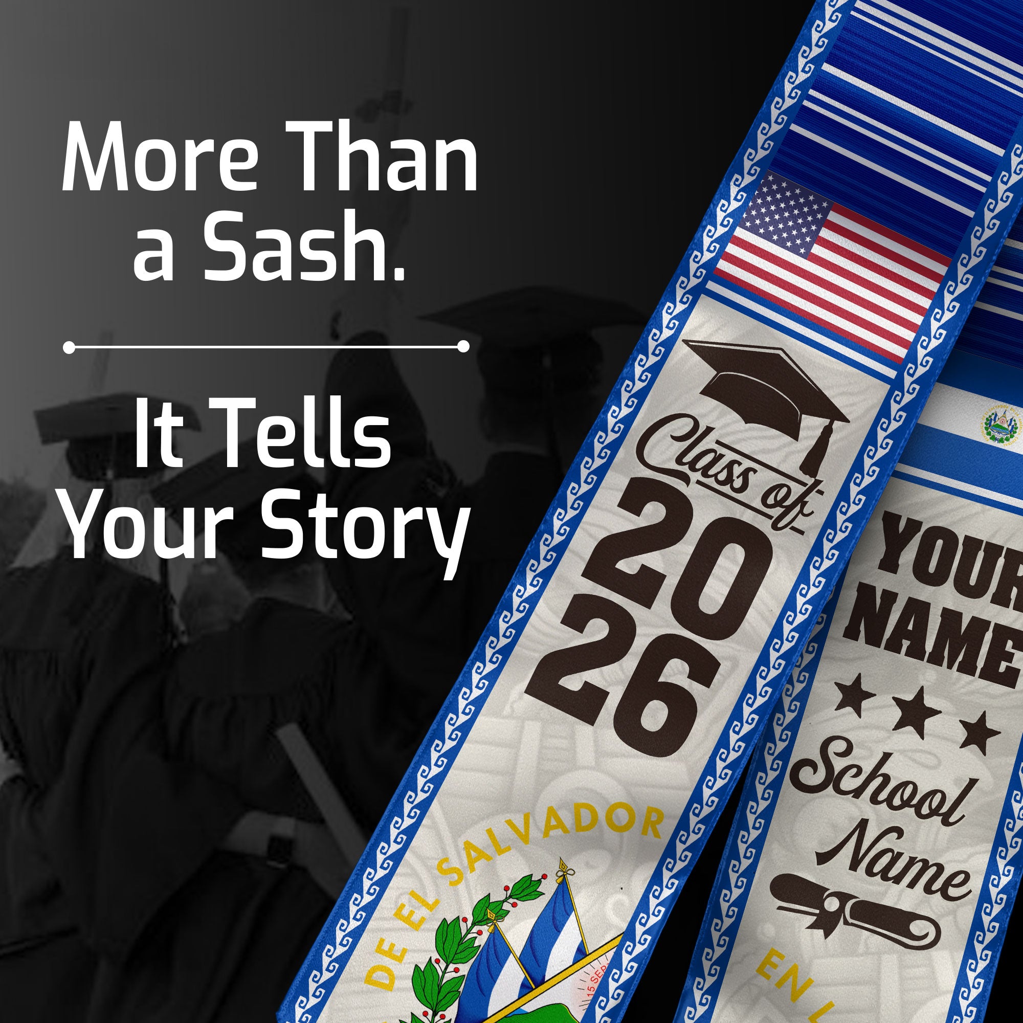 2026 El Salvador Graduation Stole, El Salvador Flag Sash, Personal Detail Option