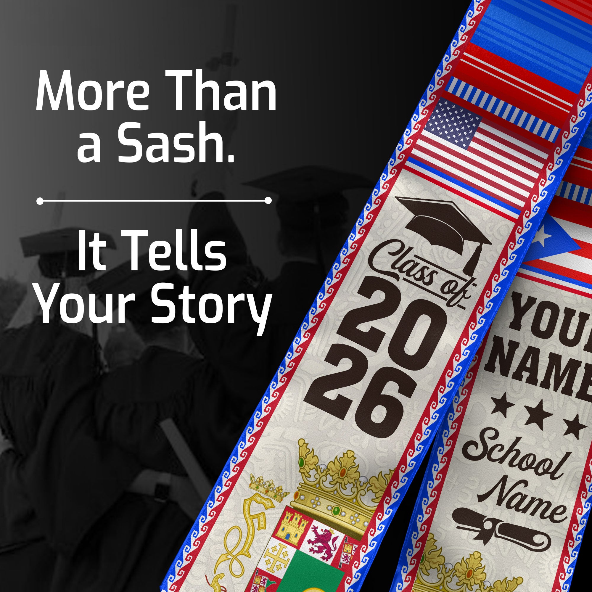 2026 Puerto Rico Flag Sash, Graduation Stole, Personal Detail Option for Grads