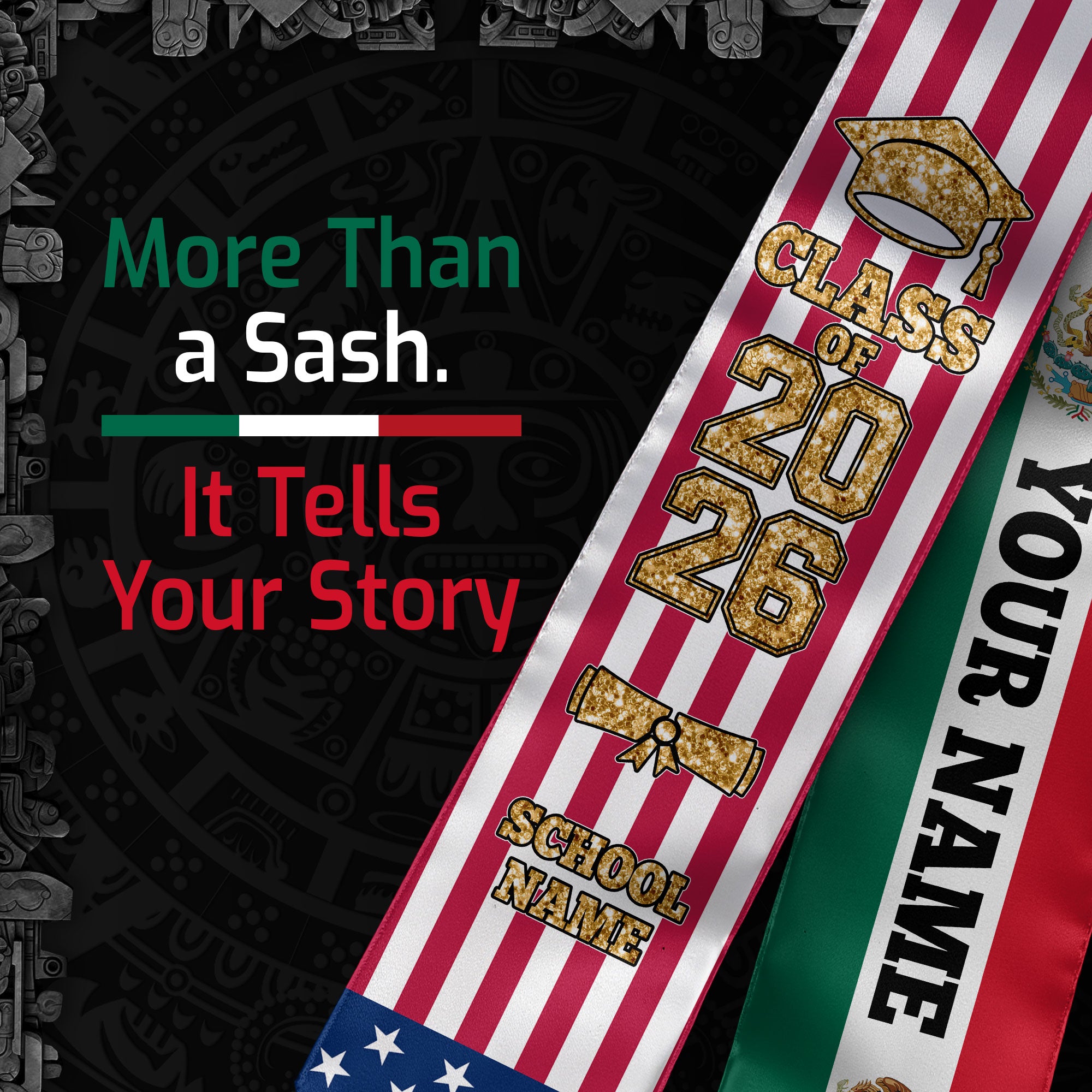Customized Mexico Graduation Stole with Mexican Flag Accent, Graduation Sash 2026, Class of 2026