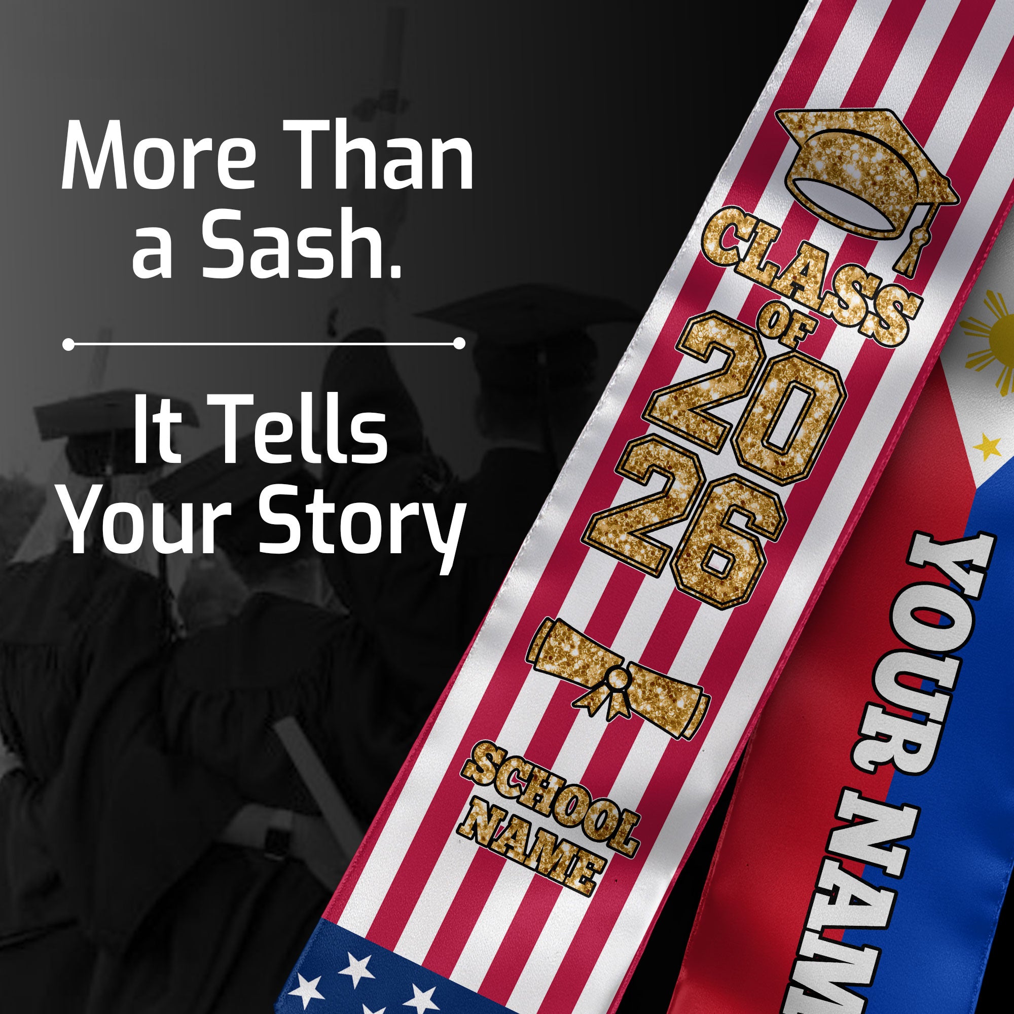 Customized Philippines Graduation Stole with Filipino Flag Feature, Graduation Sash 2026, Class of 2026