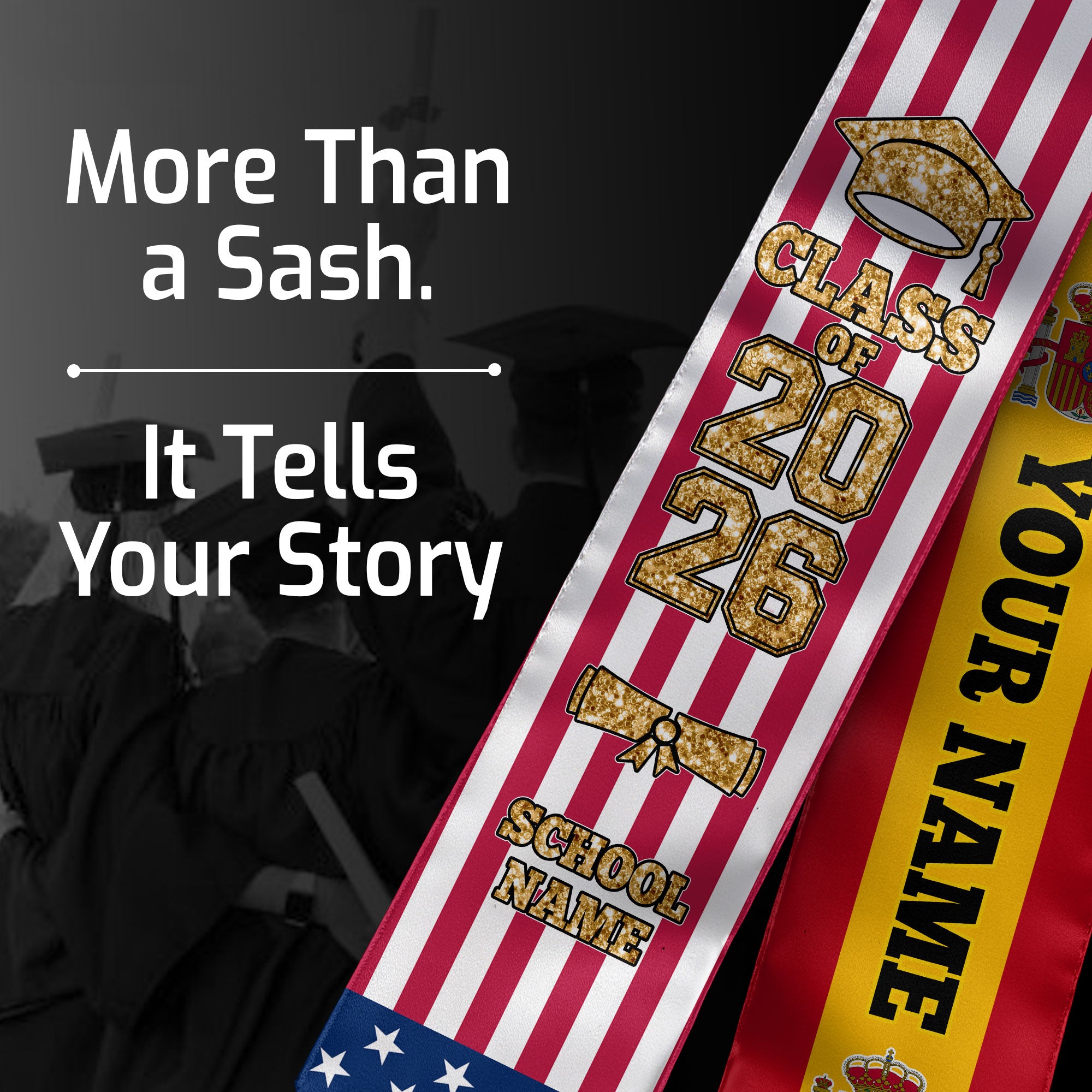 Customized Spain Graduation Stole Featuring Spanish Flag Colors, Graduation Sash 2026, Class of 2026