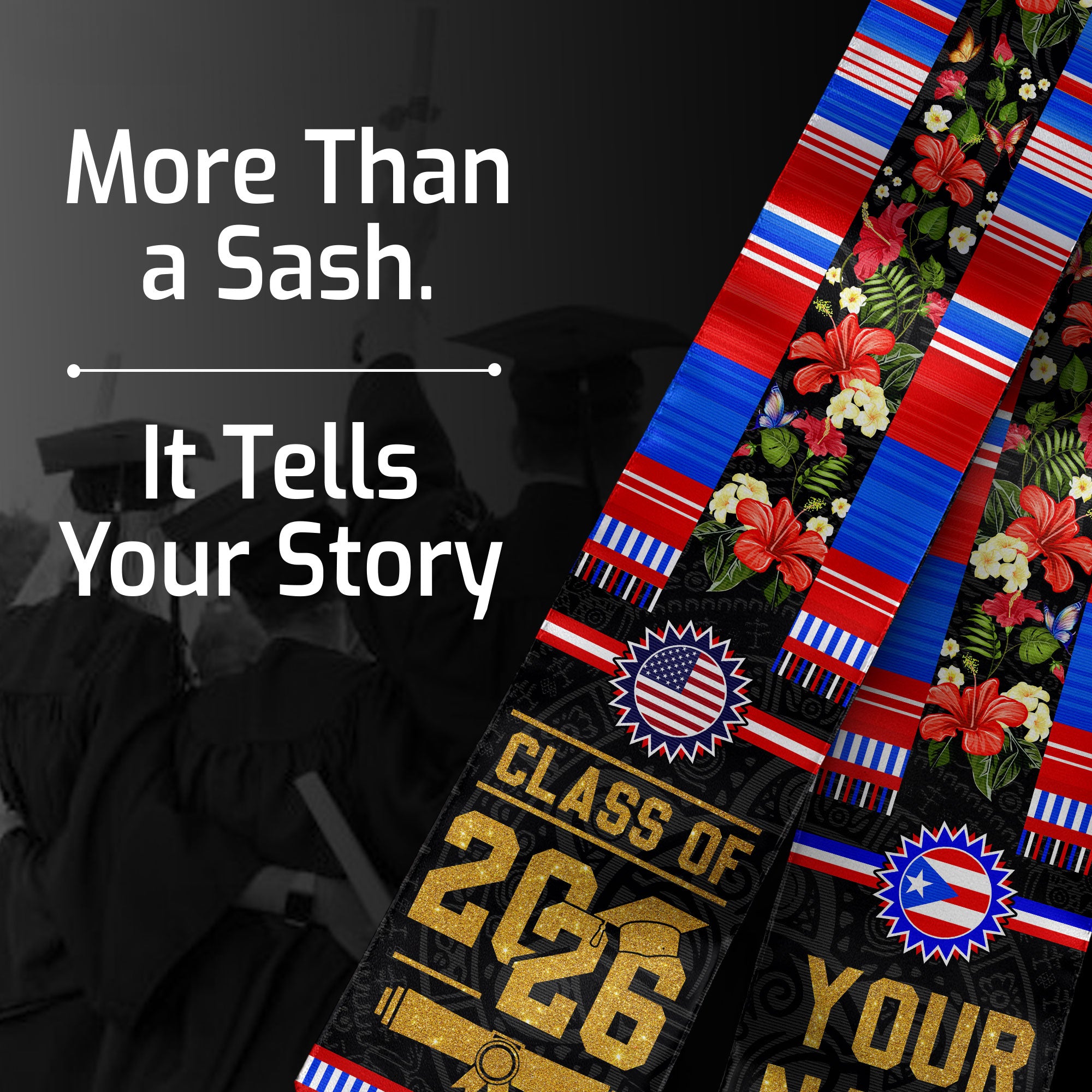 Puerto Rico Flag Graduation Stole 2026, Puerto Rican Graduation Sash, Personalized Finish