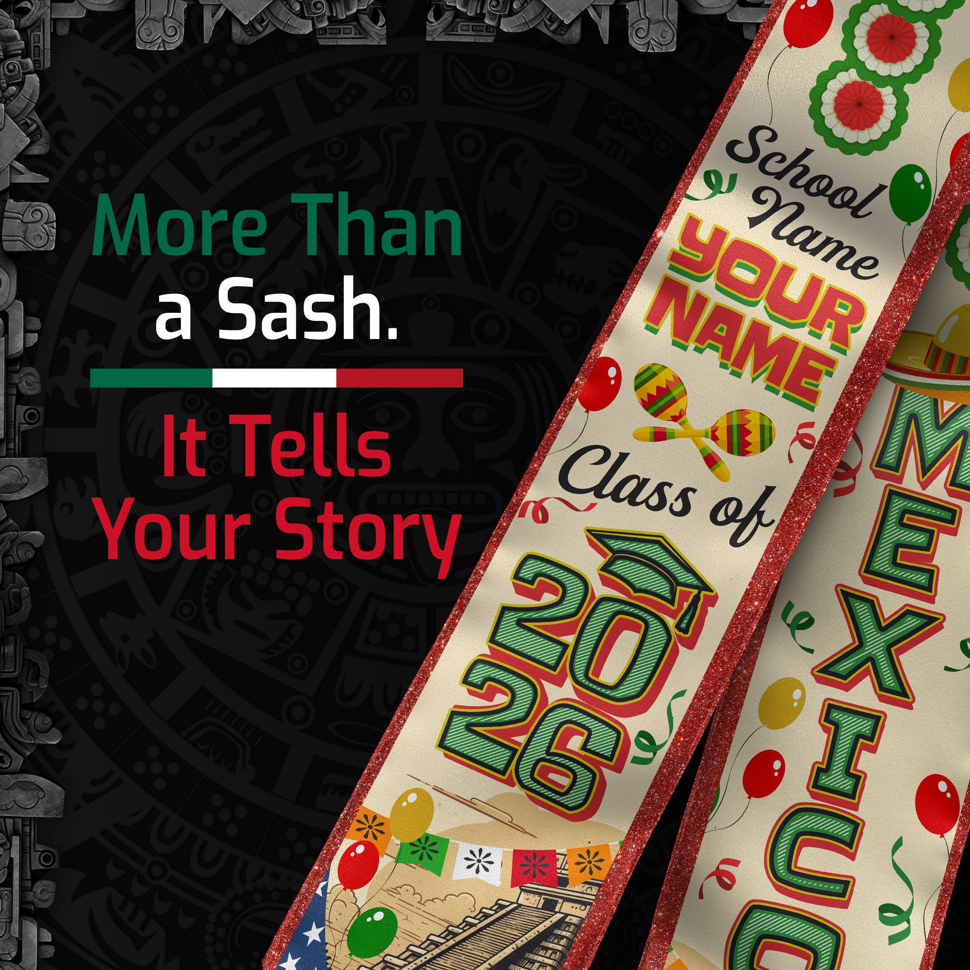 Mexican Graduation Sash 2026, Mexico Flag Stole, Name Detail Option for Ceremony Photos