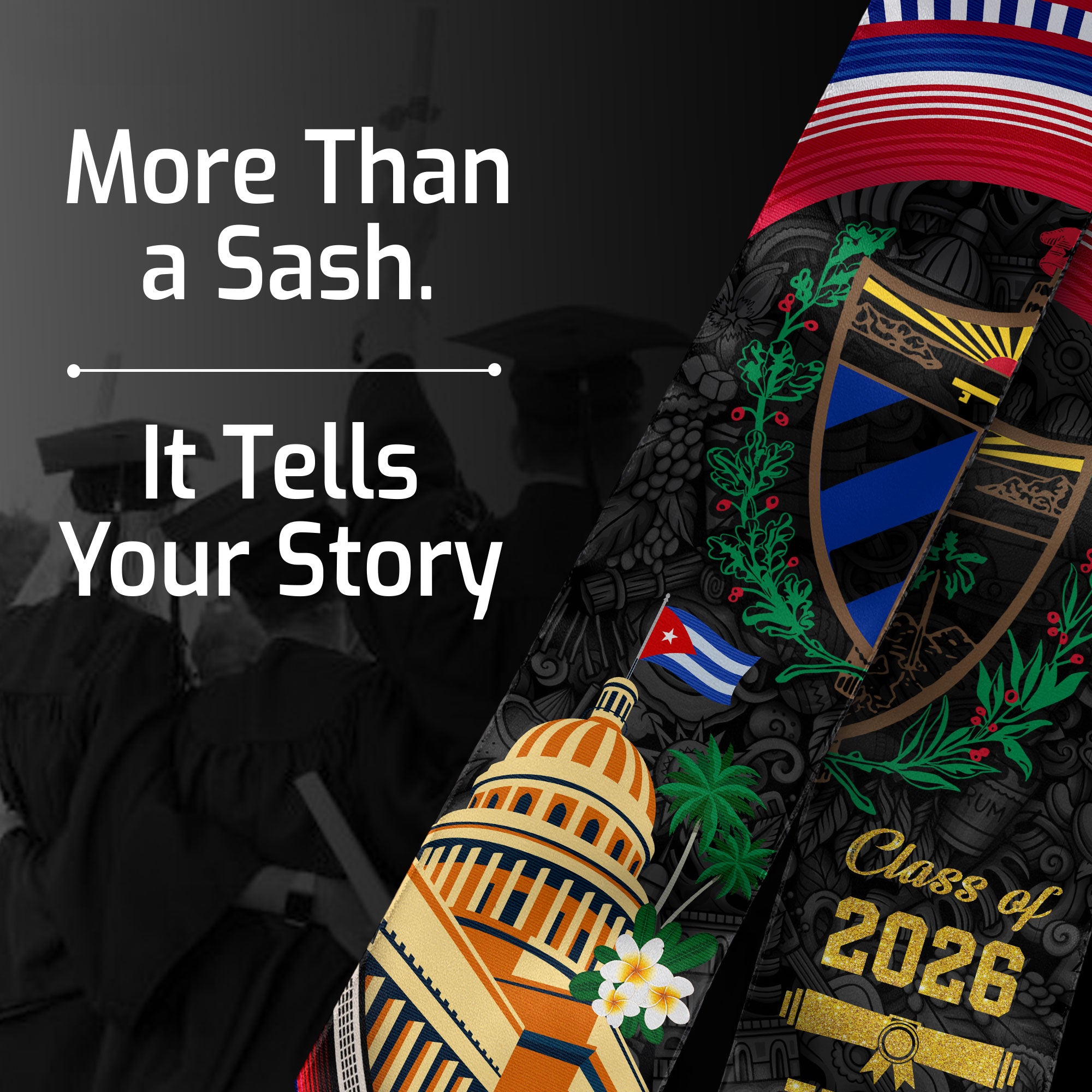 Cuban Flag Graduation Sash 2026, Cuba Stole, Signature Custom Finish for Graduates 2026