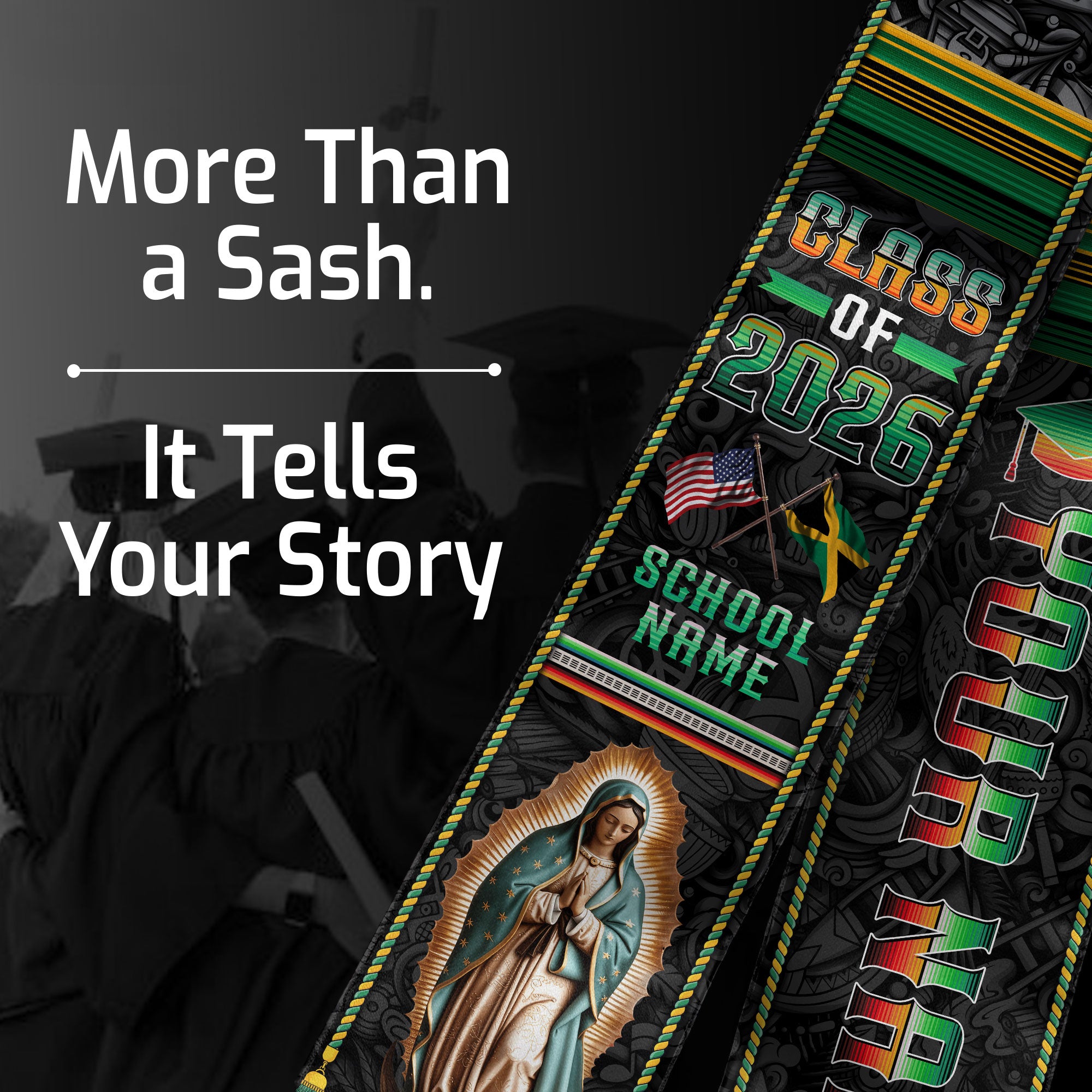 Custom Jamaica Graduation Sash 2026, Jamaican Flag Stole, Graduation Stole 2026 Jamaica