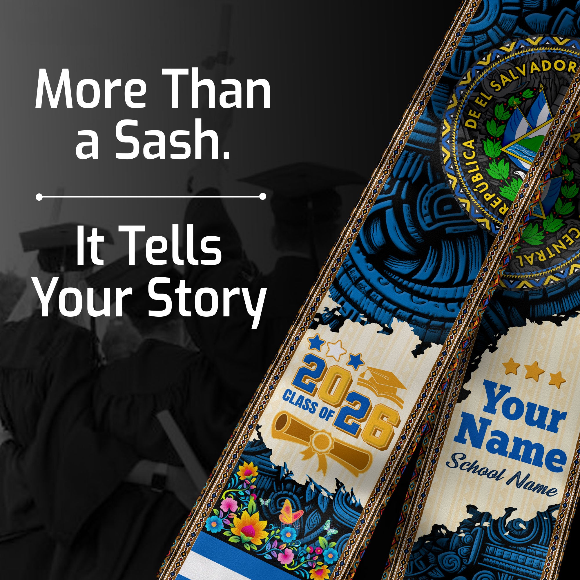 2026 El Salvador Stole, Graduation Sash for El Salvador Pride, Flag-Inspired Sash