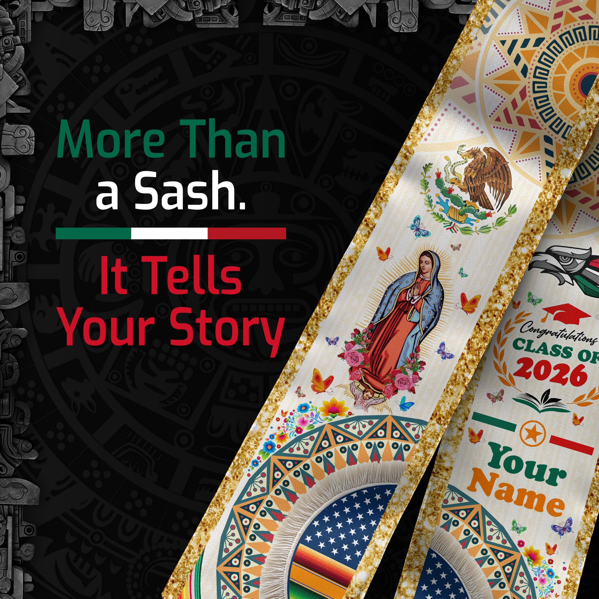 Mexican Graduation Sash 2026, Mexico Flag Stole, Graduation Sash with Custom Finish