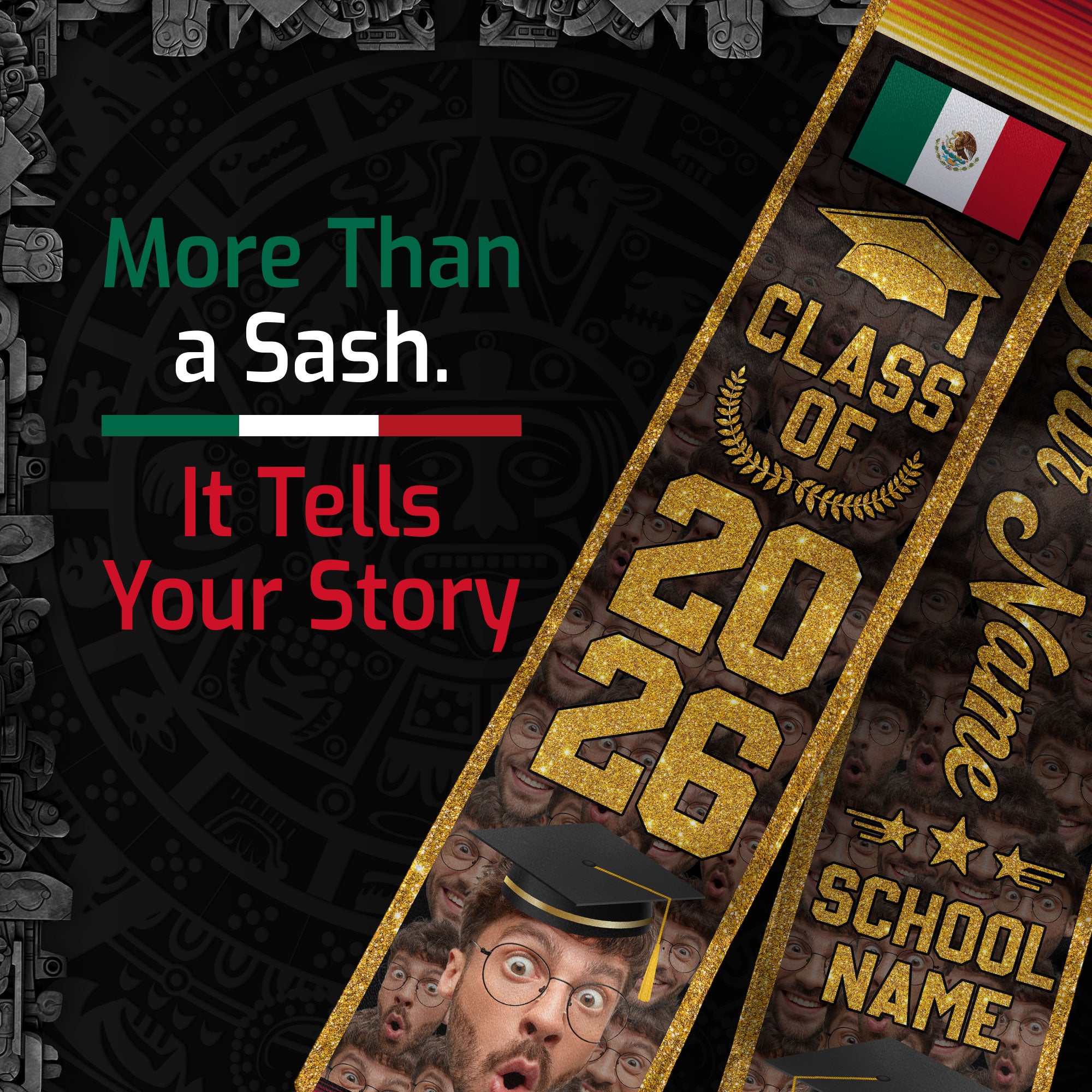 Mexico Flag Graduation Stole 2026, Mexican Sash for Graduates, Name Detail Option