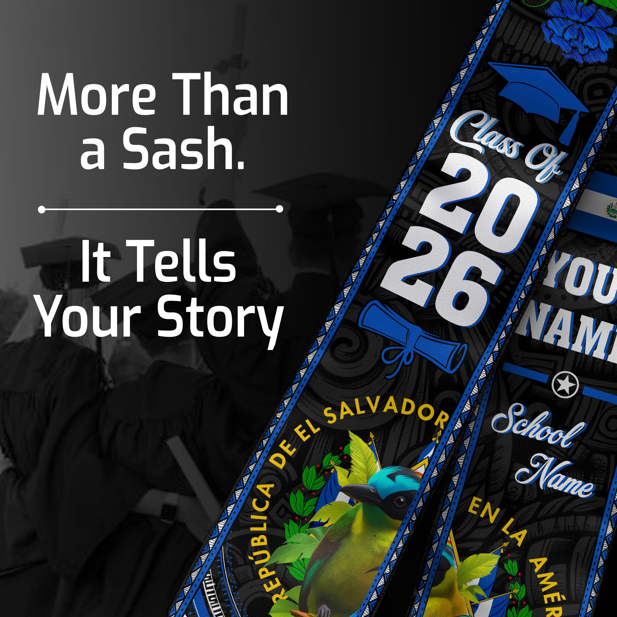 El Salvador Graduation Stole 2026, El Salvador Flag Sash, Personal Detail Option for Grads