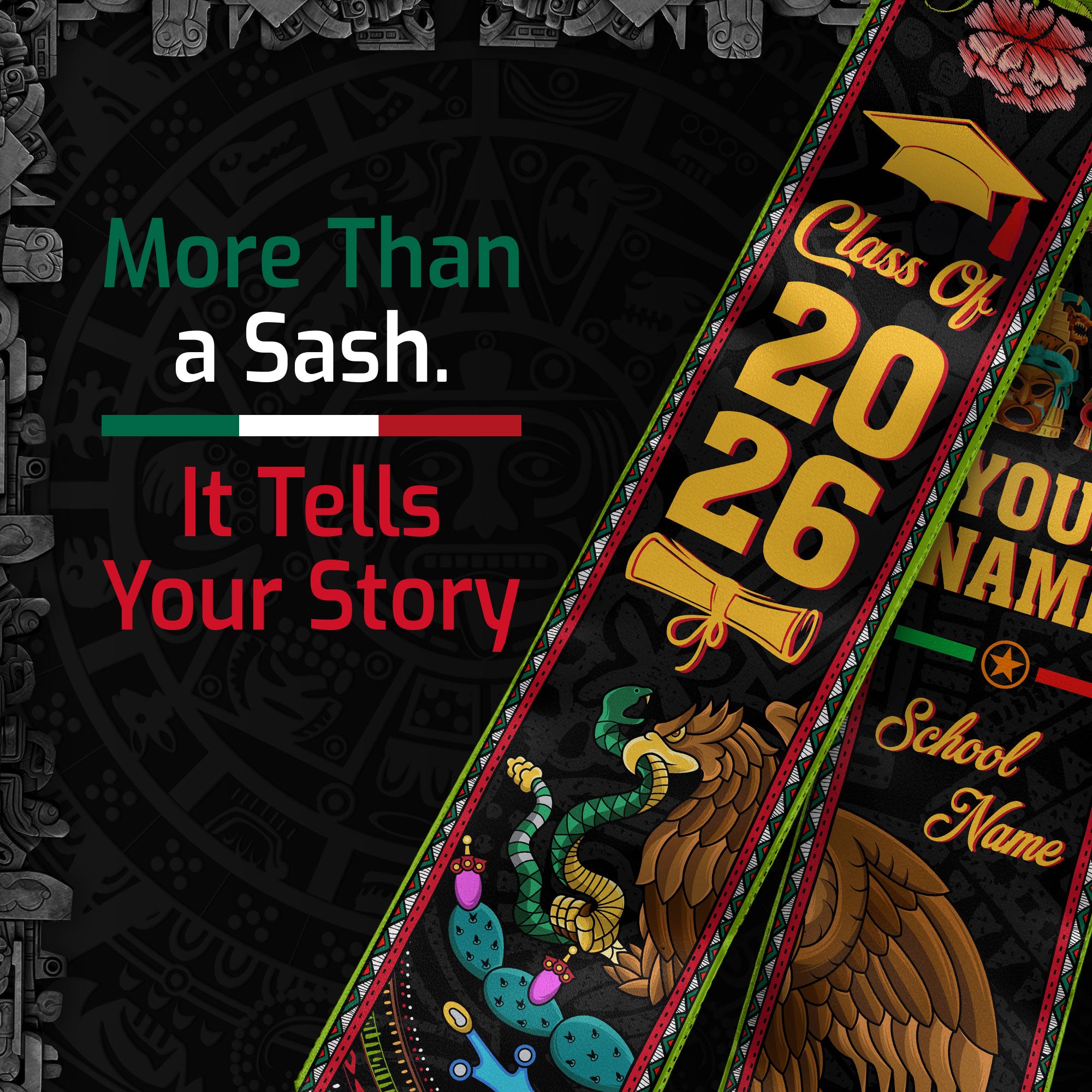 Mexico Graduation Sash 2026, Mexican Flag Stole, Add Your Details Option for Graduates