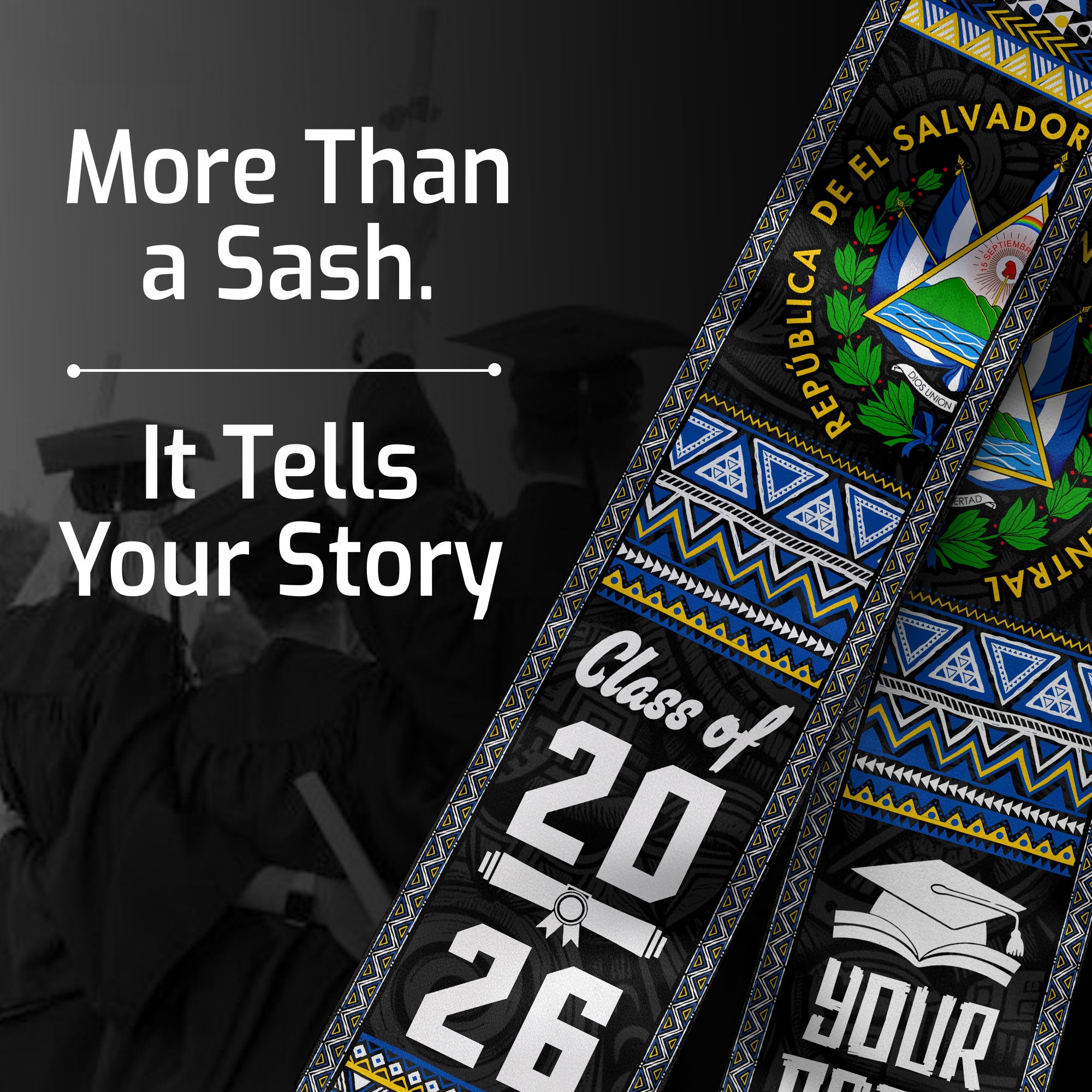2026 El Salvador Flag Graduation Sash, El Salvador Stole for Graduates, Detail Option