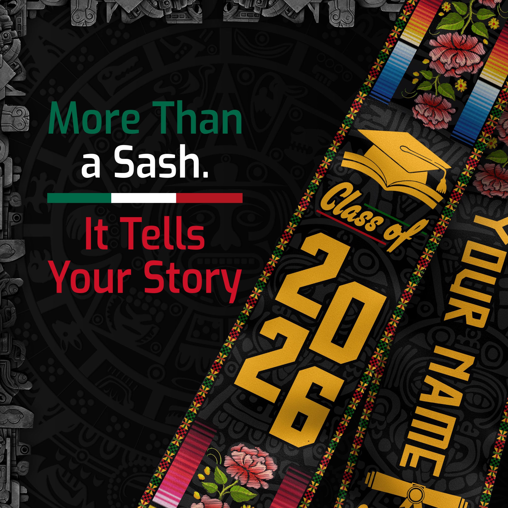 2026 Mexico Flag Graduation Stole, Mexican Sash for Graduation, Detail Option Available